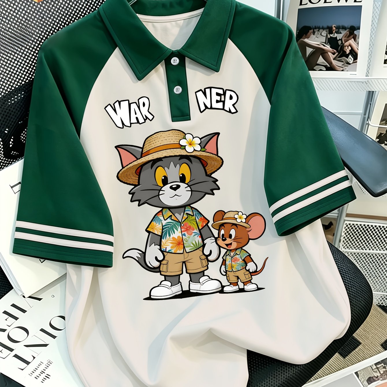 TEMU 【新学期】ワーナーブラザーズ 限定ス、アメリカンレトロ コン ポロシャツ、ク キャラクター トレンディ プリント 半袖、メンズ 多機能 カジュアル 通気性 半袖 トップス、普段のお出かけやアスレチックウェアに最適