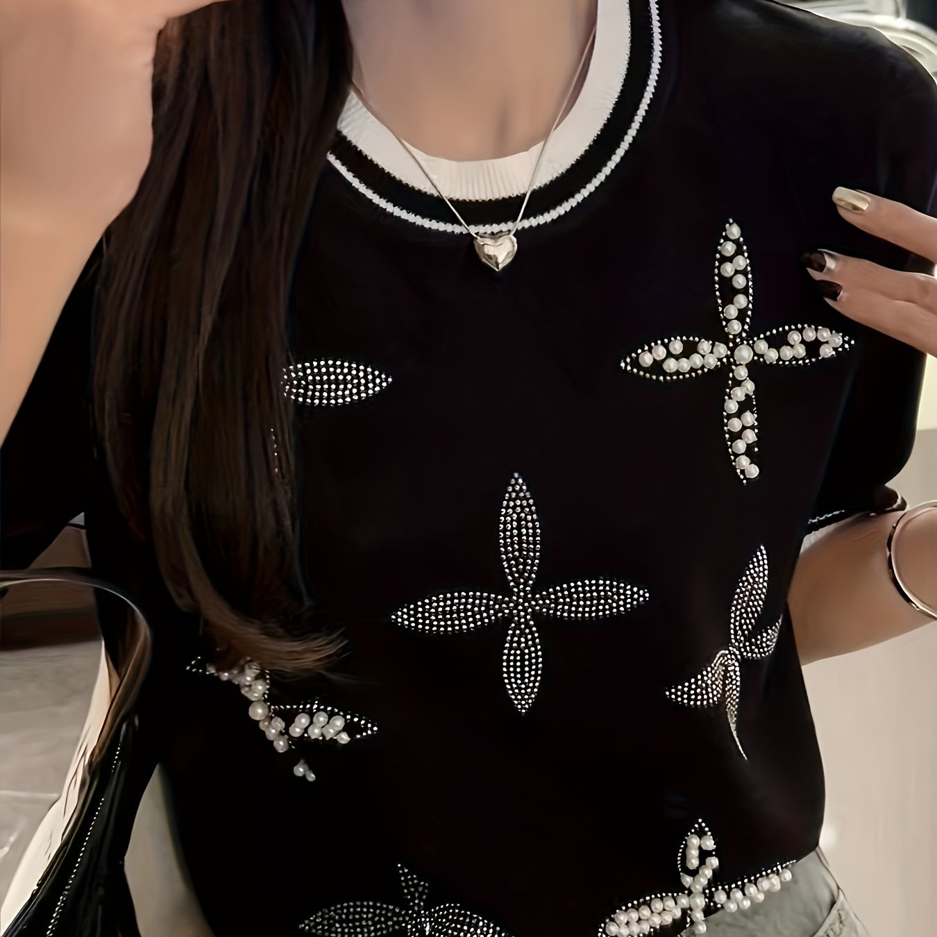 TEMU Top De Punto Con Cuello Redondo De Pedrería Y Strass, Suéter Casual De Manga Corta Para Primavera Y Verano, Ropa De Mujer