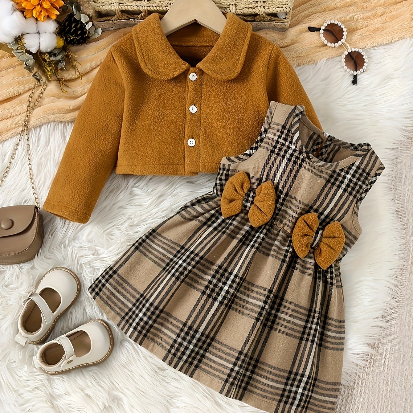 Image of Set Of A Casual Dress With A Short Jacket For Baby Girls, Perfect For Autumn And Winter, For Outdoor