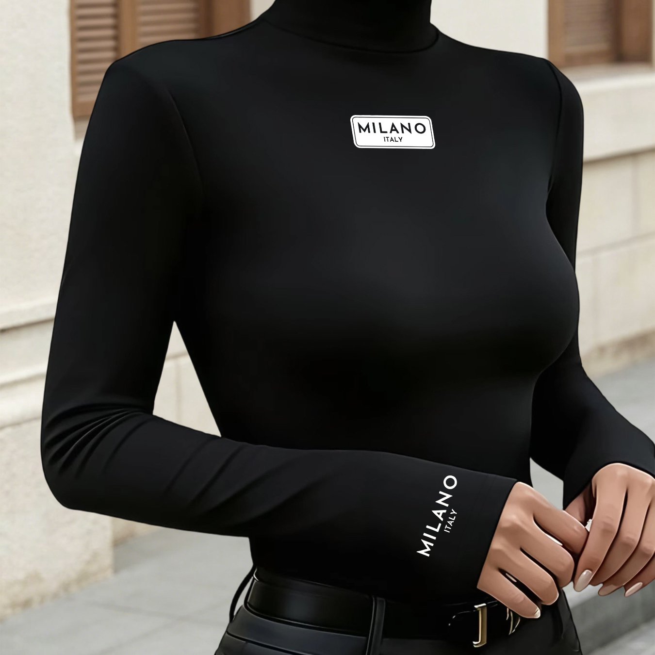 TEMU Solid Color Half-neck Base Layer Women's City Label Text Print Western Retro Light Mature Style Base Shirt