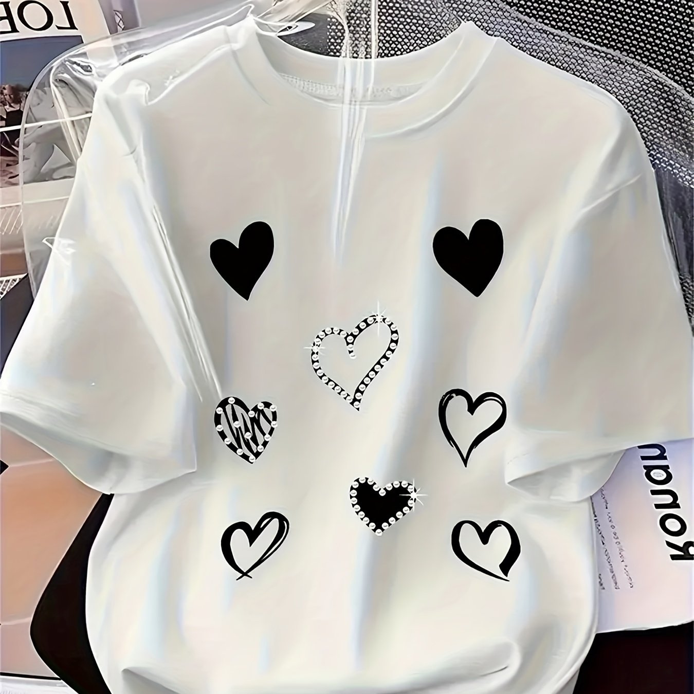 TEMU Plus Size - Plus Size - Multi-style Hearts Print Plus Size Women's Crew Neck T-shirt, Casual Tee