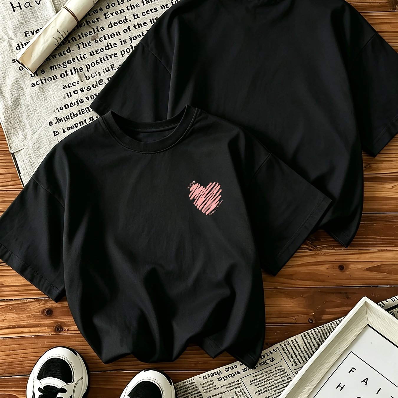Spring/summer New Arrival: Heart Print Round-neck T-shirt, 100% Loose Fit And Drop Shoulder Design, Perfect For Daily Wear And Casual Styling
