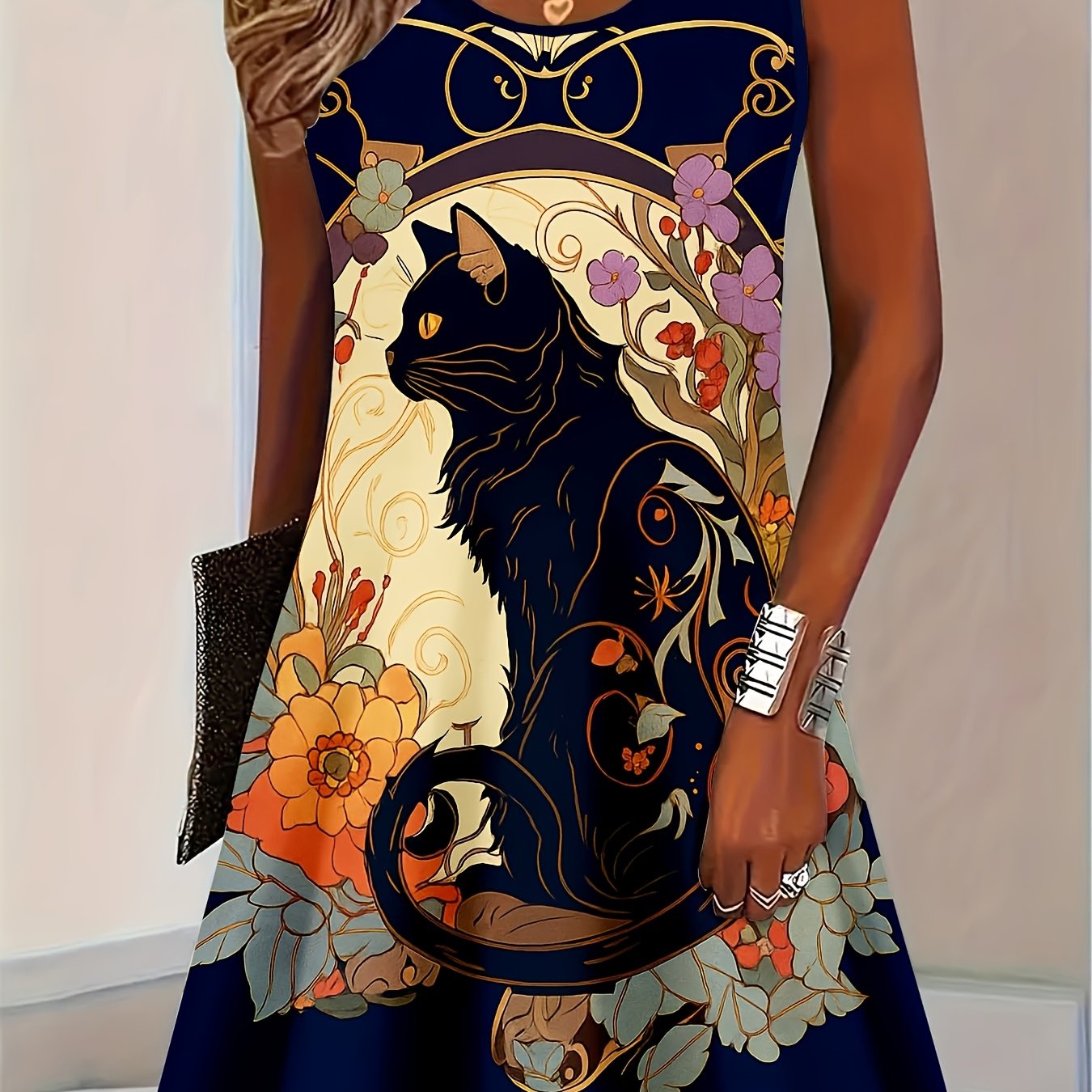 TEMU [printed Design - No Texture] Women's Sleeveless Dress, Black Cat Print, Summer Casual Wear