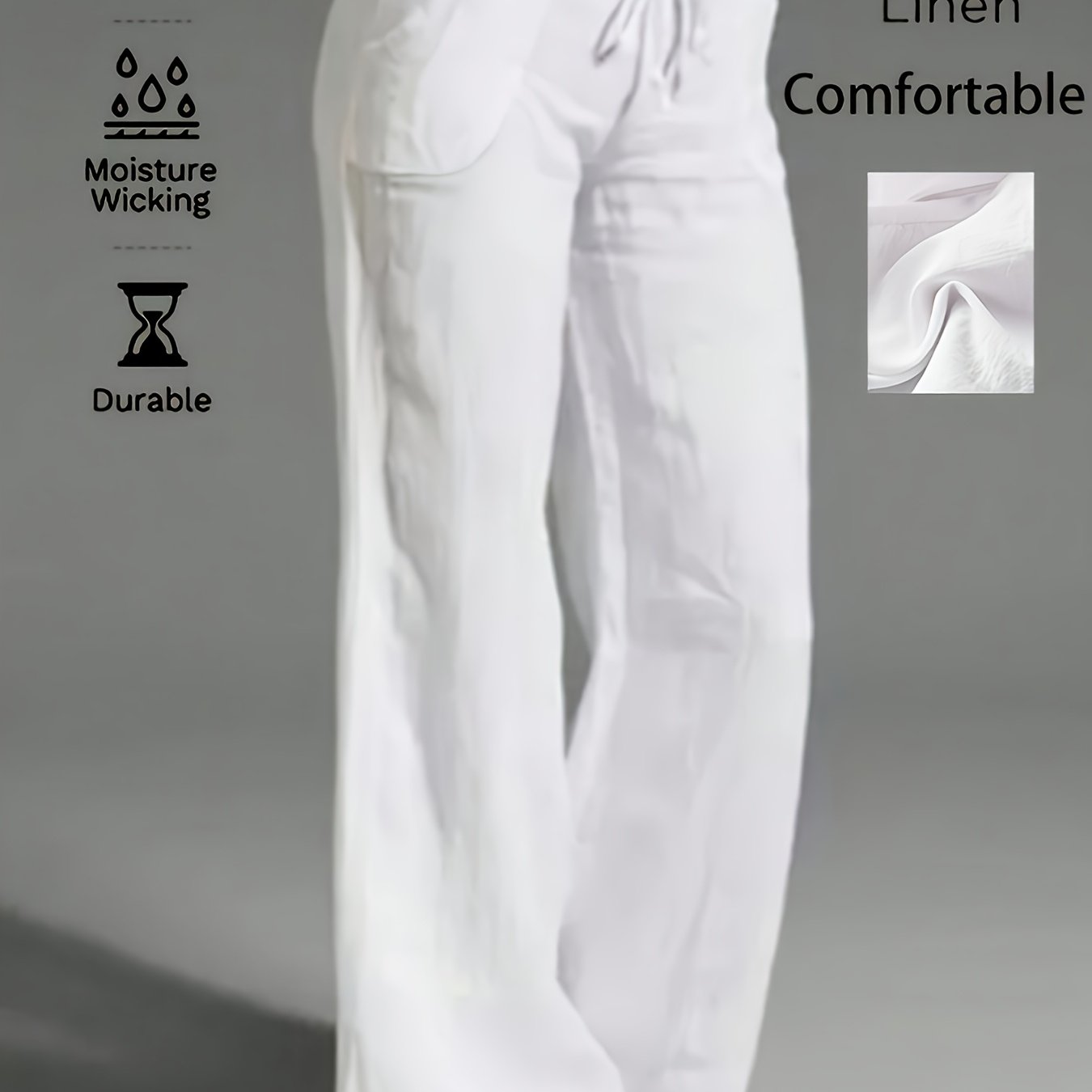 Image of Women' Color Linen Pocket White Semi-sheer Casual Pants, Suitable For Spring, Summer, Autumn Wear - Comfortable Breathable Flax Fabric Elegant Long Trousers