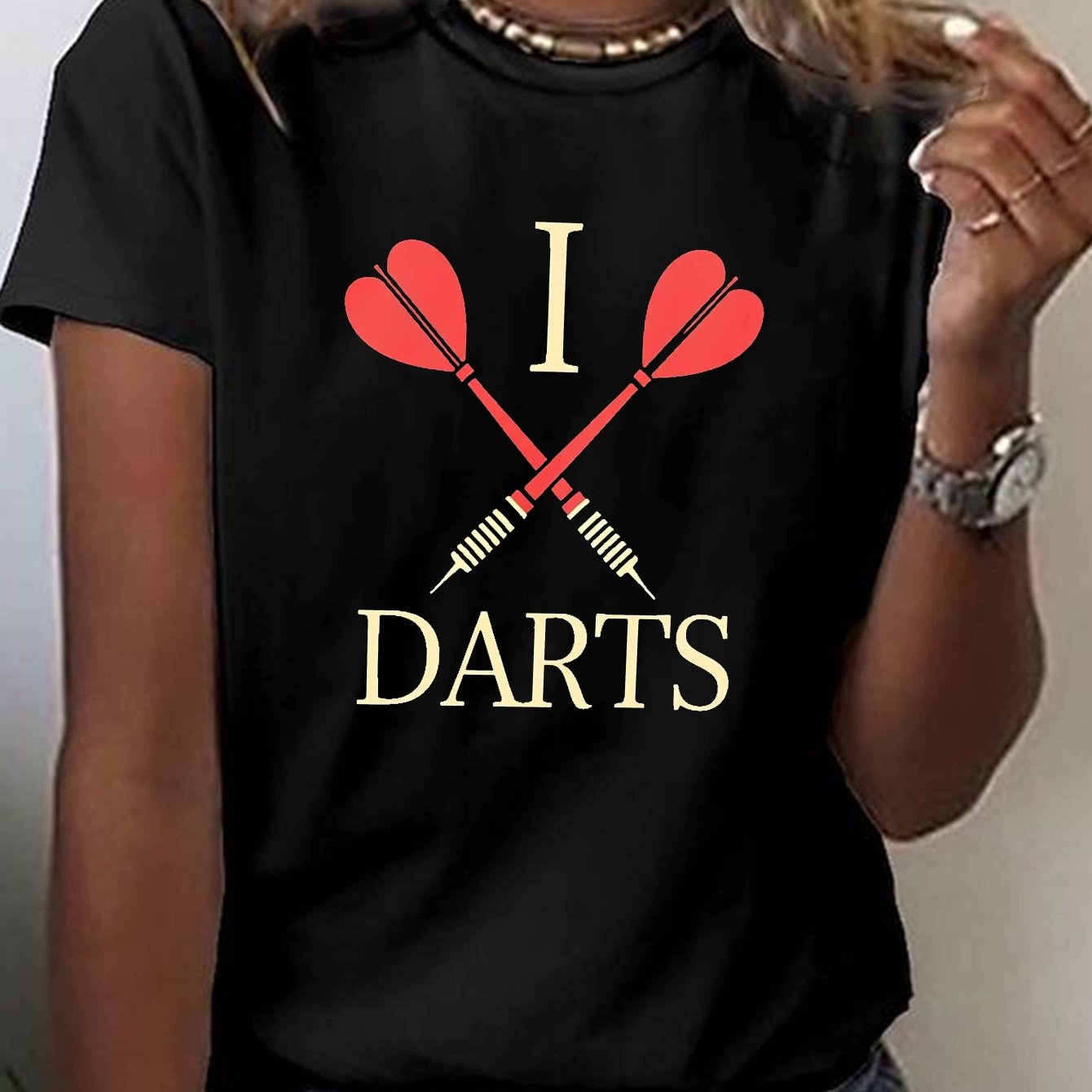TEMU A Casual Short-sleeve Crew Neck T-shirt Featuring A Darts Print, Perfect For Women's Summer And Spring Wear