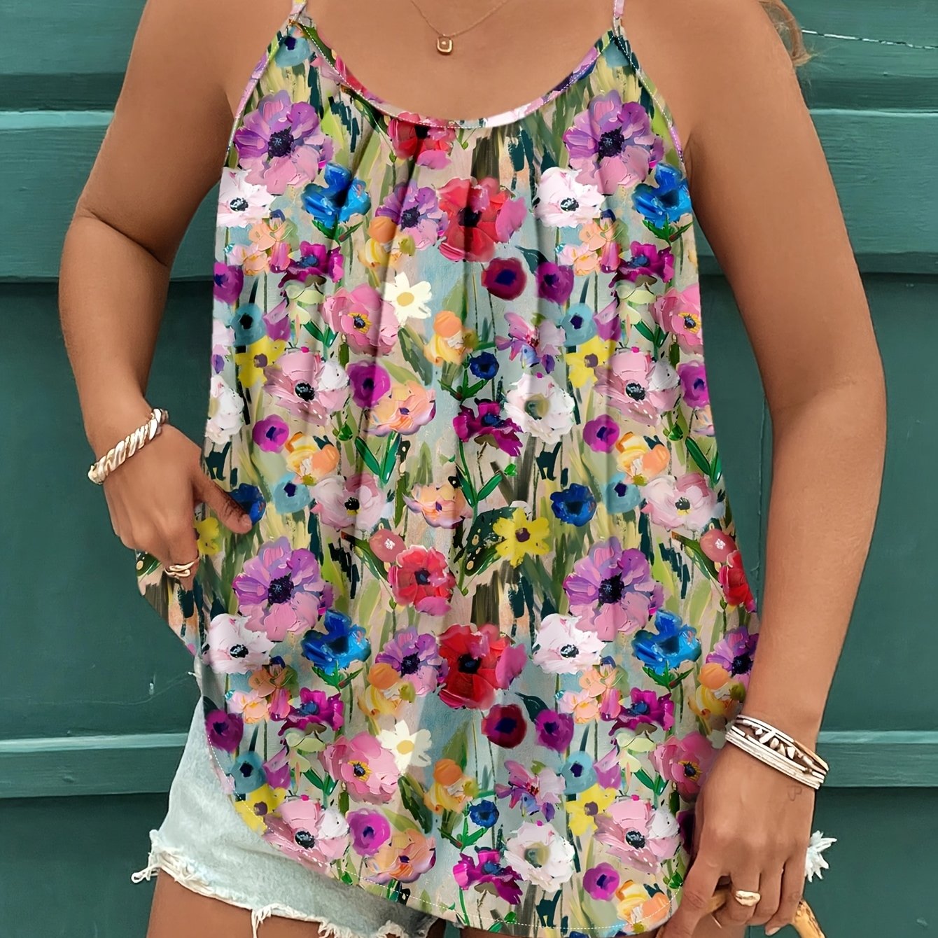 TEMU Plus Size, Plus Size Women's Camisole Tank Top, New Summer Fashion Floral Print Sleeveless Tank Top For Women