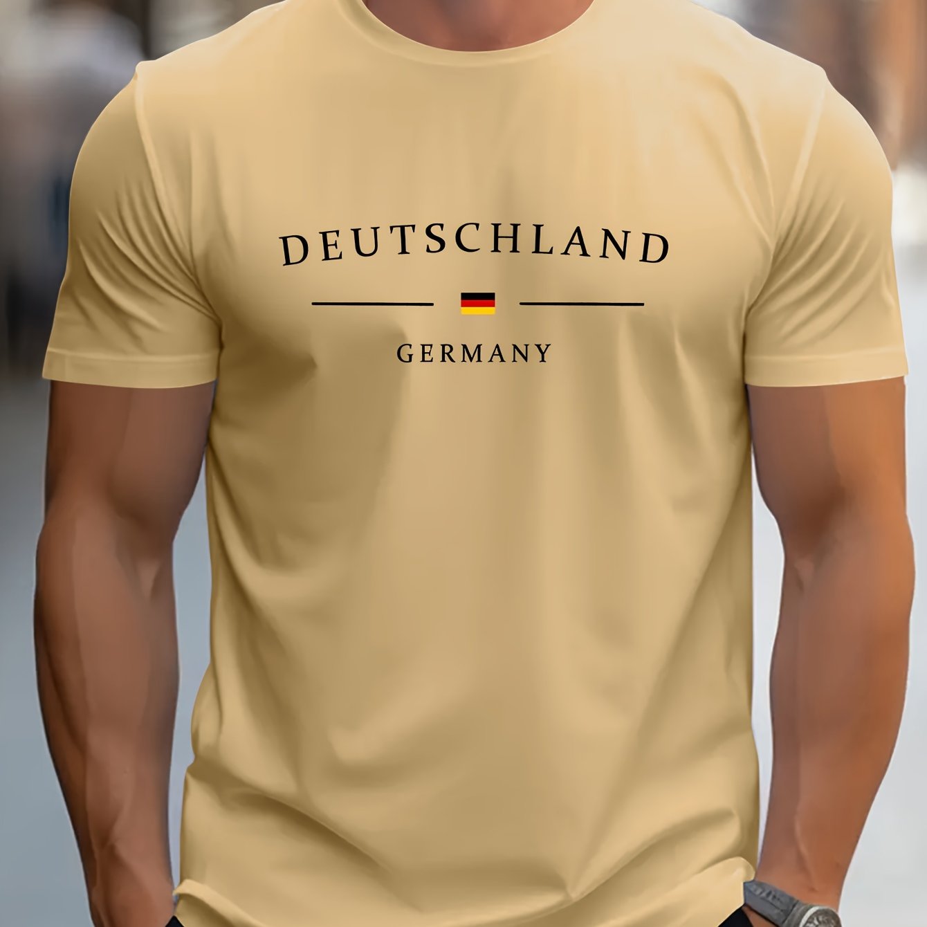 Men's Deutschland Germany Flag T-shirt - Light Beige Regular Fit Round Neck Summer Tee, Breathable Streetwear Top For Casual Attire, Versatile Clothing, Nontransparent Fabric, Machine Washable Shirt