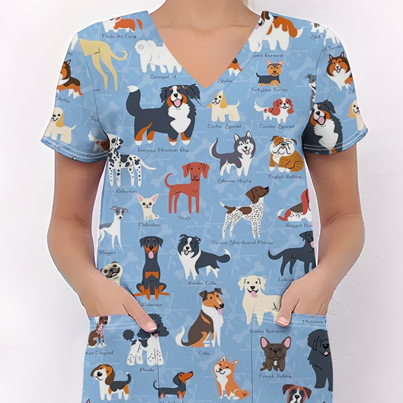 TEMU Plus Size - Plus Size - Plus Size Women's Fashion V-neck Short Sleeve Work T-shirt With Pockets, Comfortable Stretchy Fabric, Cartoon Pattern,