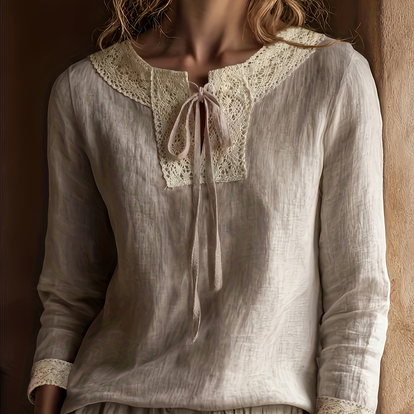 E-shop Elegantes Damen Hemd mit durchgehendem Spitzenbesatz, hohlem Ausschnitt, Leinenstoff, langen Ärmeln, Vintage-Look, Frühlings- und Herbstmode,
