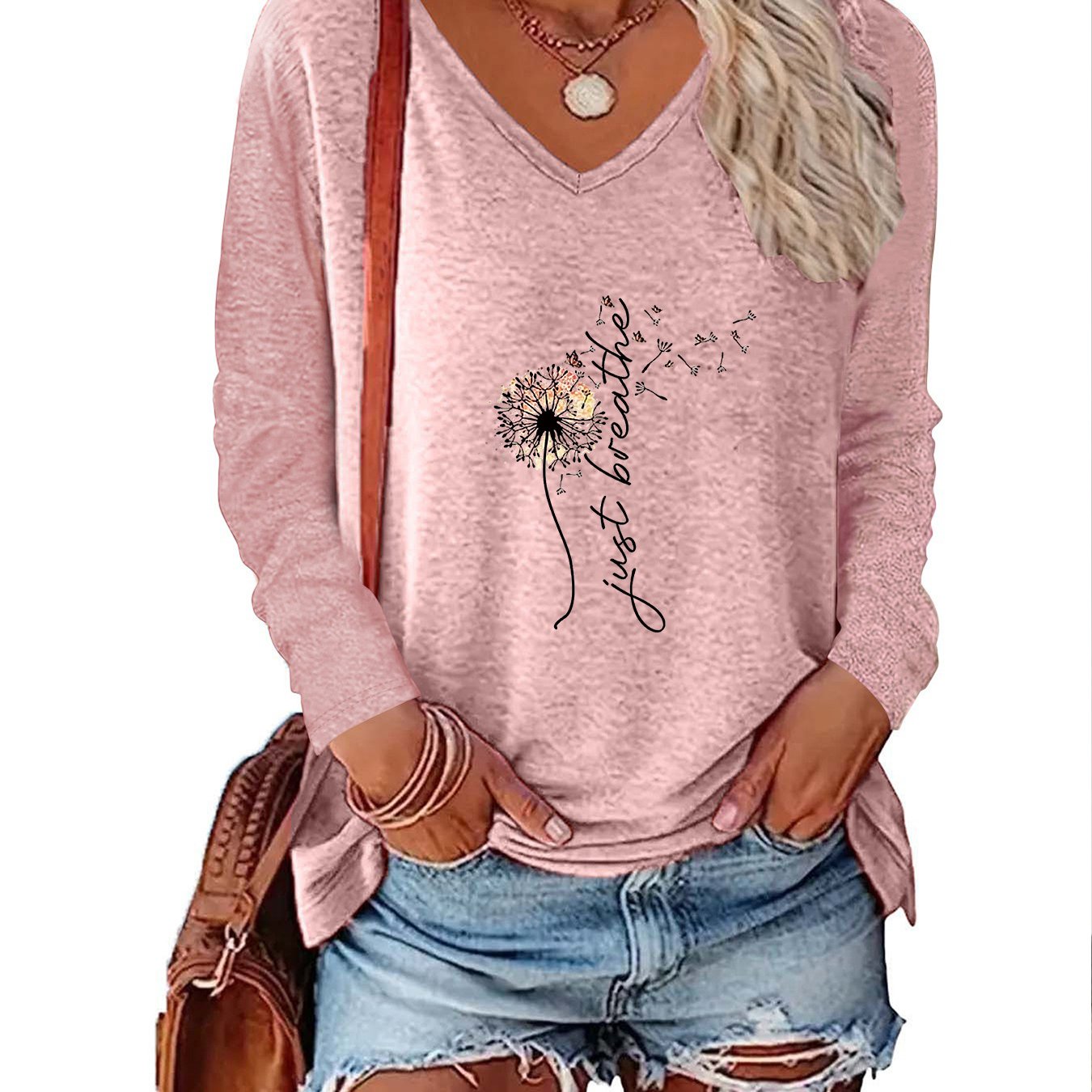 TEMU Plus Size - Women's Fashion Spring Summer New Women's Clothing, , Dandelion Location Print V-neck Long Sleeve, Loose Casual Top Base T-shirt,