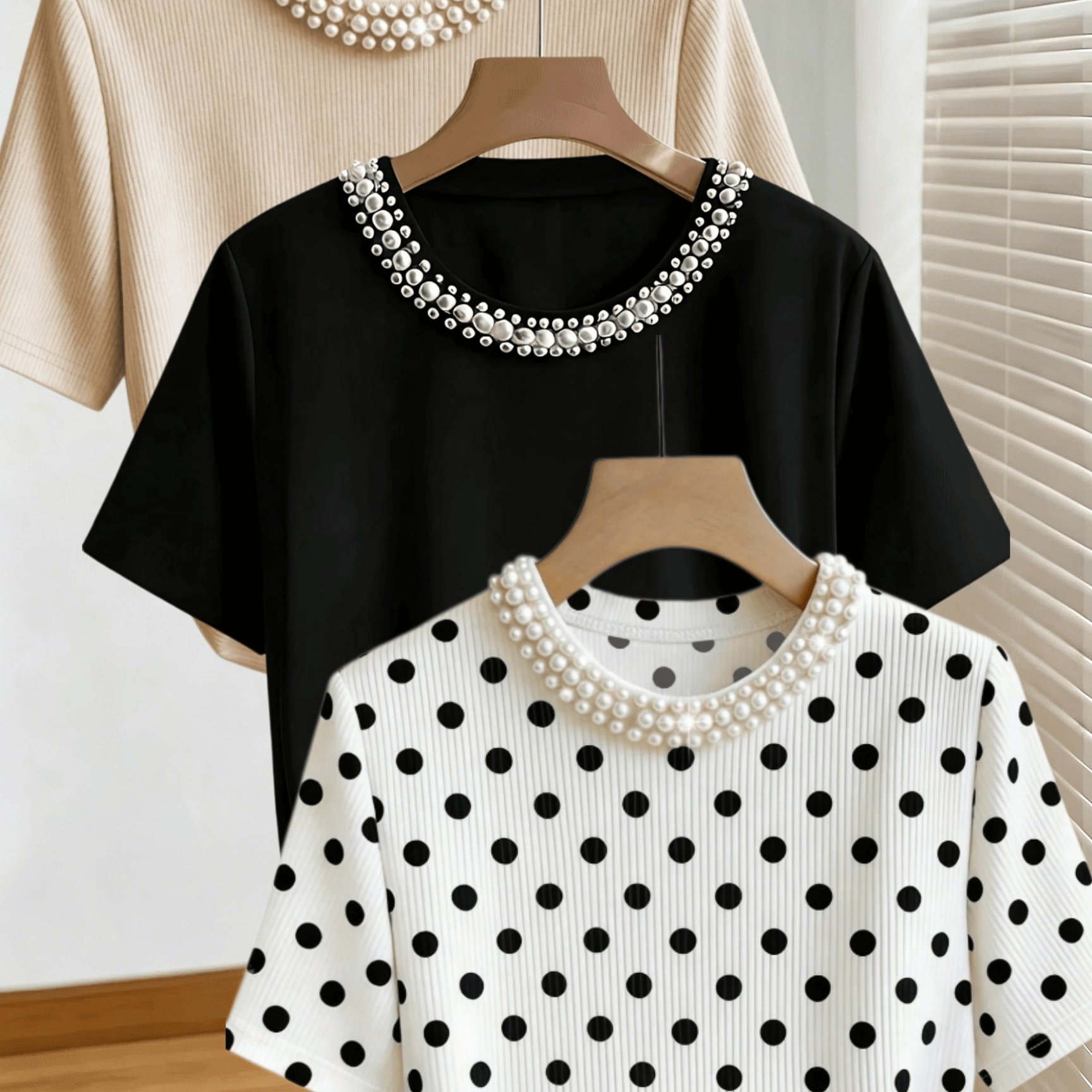 TEMU This 3pcs Short-sleeved T-shirt With A Casual Round Neck In Apricot, White And Black And -dimensional At The Neckline Is Suitable For Daily Wear