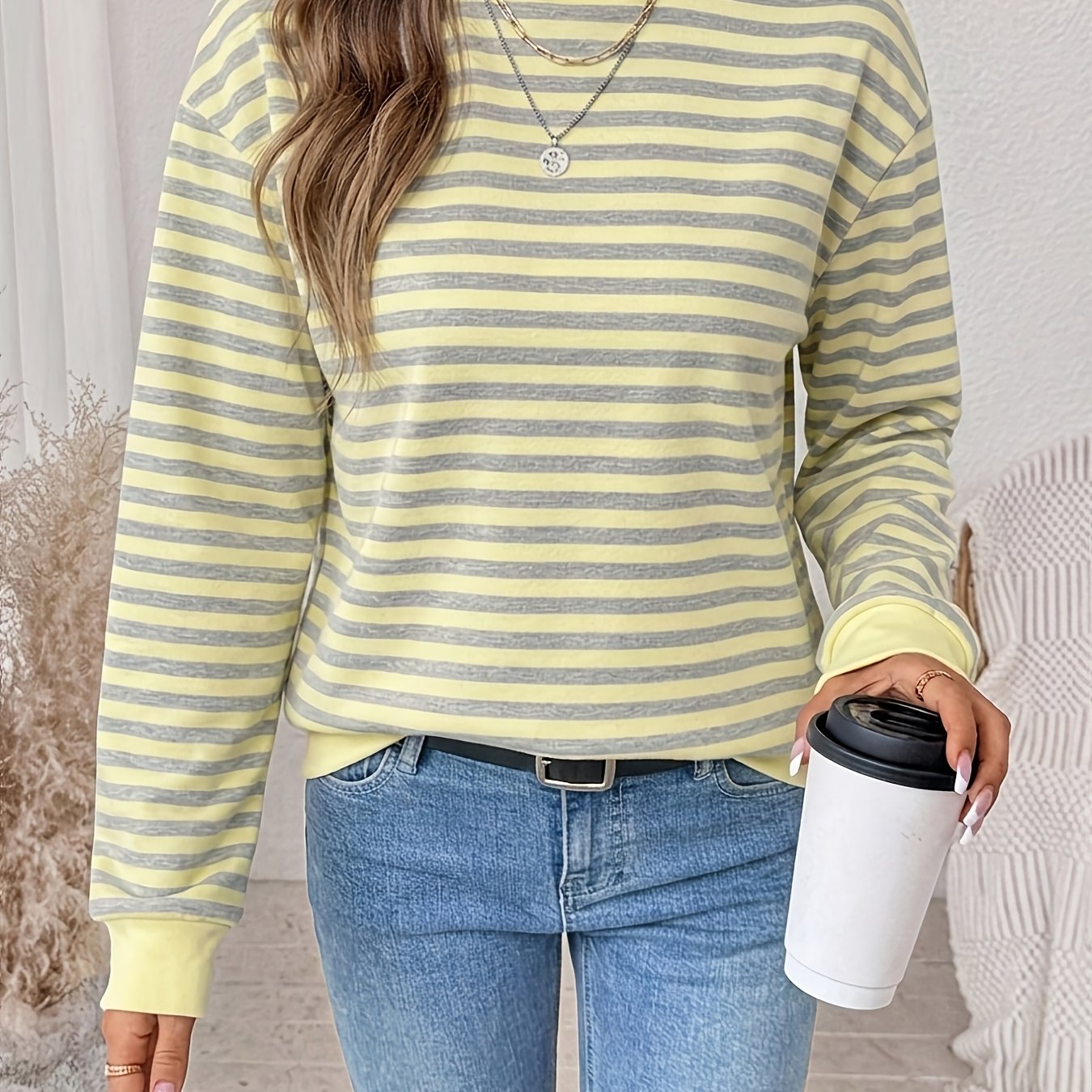 TEMU Gray Striped Round Neck Sweatshirt For Women, Loose Casual Long Sleeve Top, Autumn Winter Versatile Outerwear Base Layer