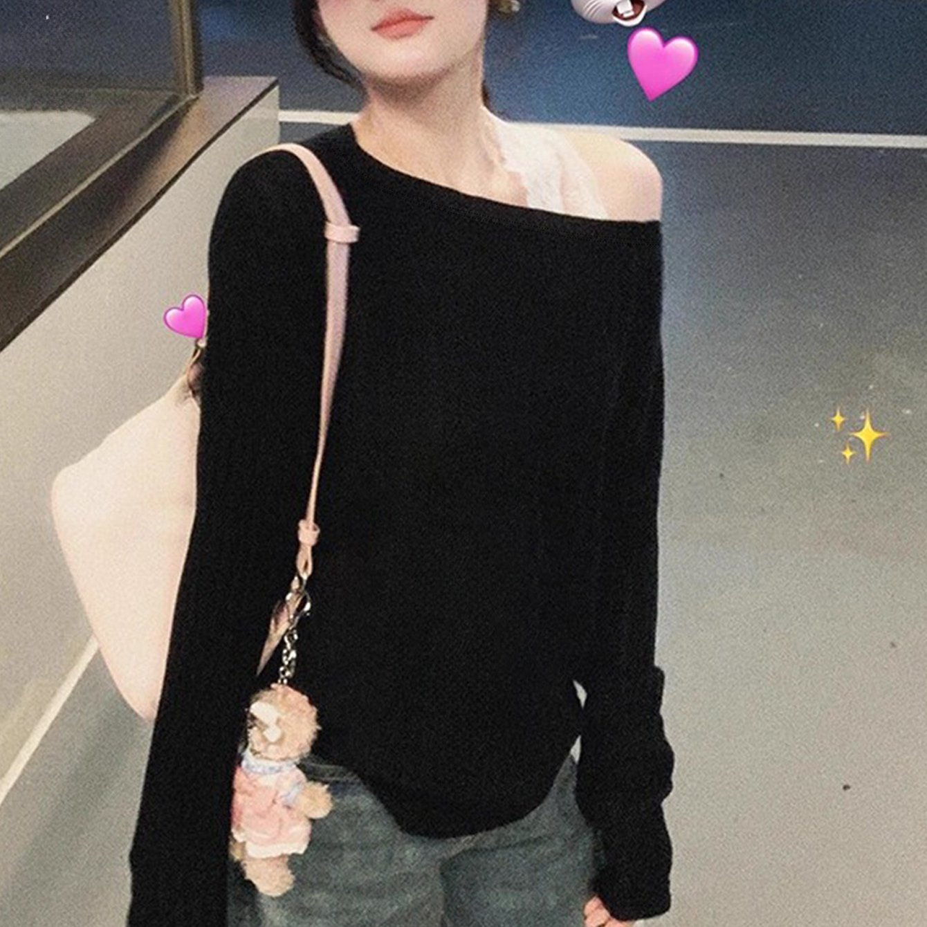 TEMU 여성용 블랙 루즈핏 오프숄더 긴팔 티셔츠, 베이스 레이어 탑으로 완벽