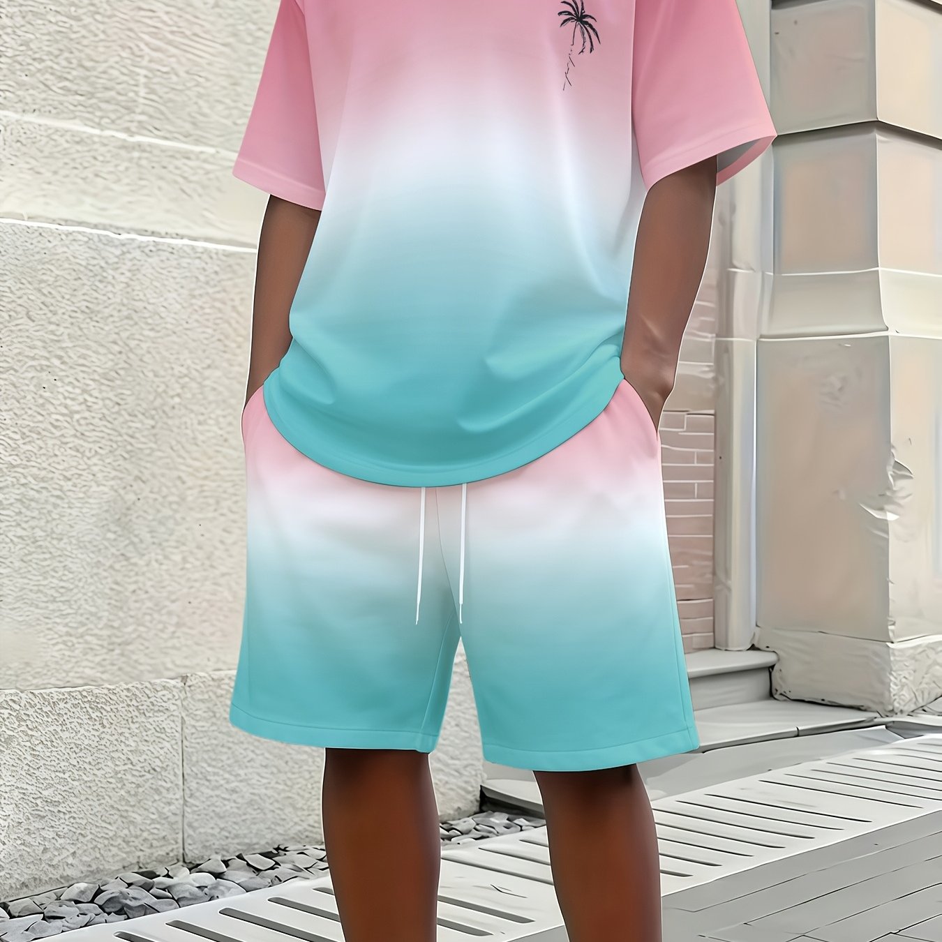 TEMU Men's Summer Short Sleeve T-shirt And Shorts Set, Pink-blue Gradient With Small Coconut Tree, Simple Casual 2pcs Set