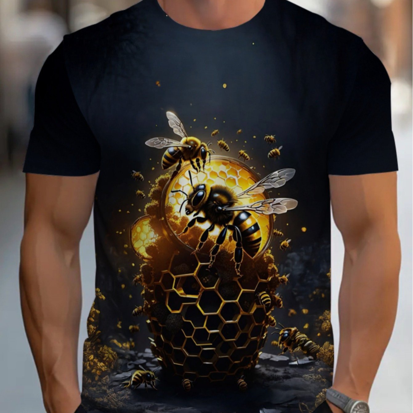 TEMU Men's Black Bee & Honeycomb T-shirt - Lightweight Breathable Bee-themed Short Sleeve Top, Machine Washable Round Neck Casual Shirt Suitable For