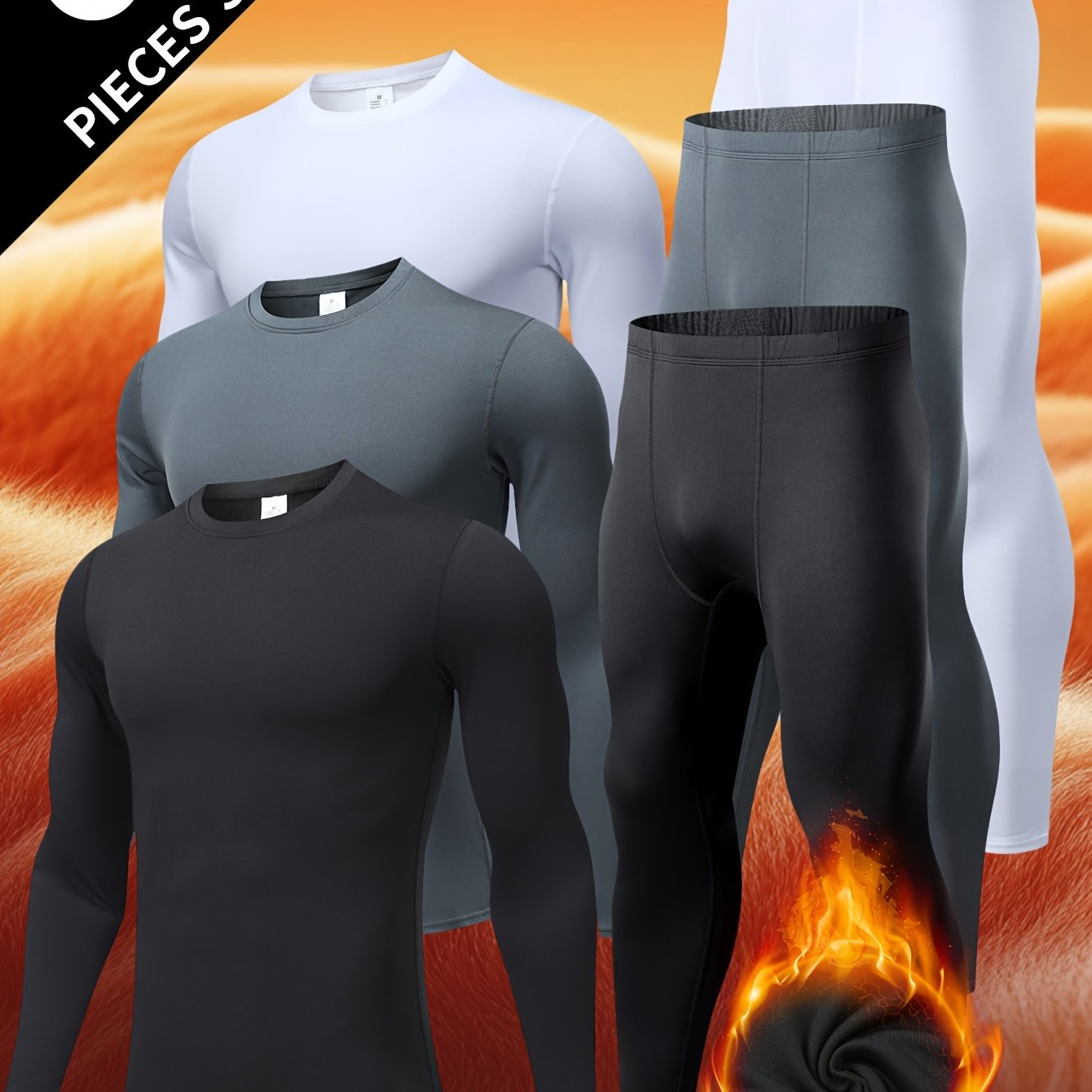 TEMU 6pcs Men's Thermal Underwear Full Set - Long-sleeve Compression Shirts & Base Layers, Options (warm Colors), Slim Fit For Running, Gym, Winter | Machine Washable Cold Weather Activewear Suit
