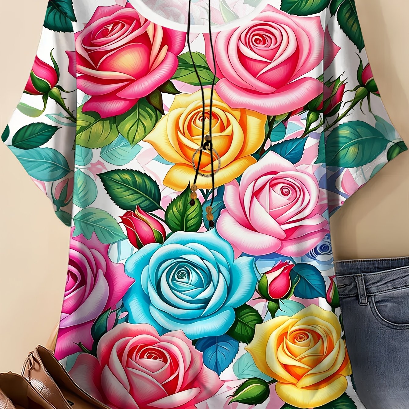 TEMU Plus Size, Plus Size Women's T-shirt, Vibrant Colorful Floral Pattern Printed Tee, Round Neck Short Sleeve Summer Top, Casual Outdoor Wear,