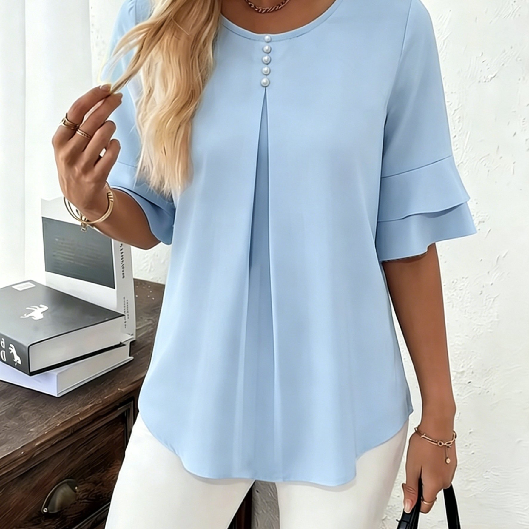 Elegant Flared Sleeve Shirt, Summer Loose Solid Round Neck Top