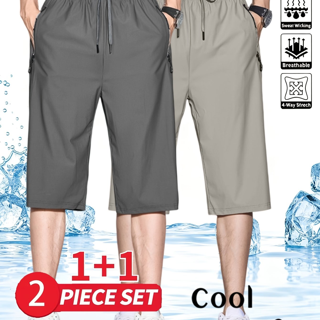 TEMU 2pcs Men's Lightweight Casual Shorts Set - Cool Breathable Athletic Shorts, Stretch Solid 3/4 Length Pants, Elastic Waist Drawstring, Zippered