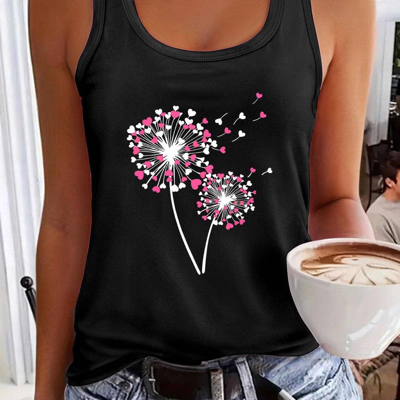 TEMU Leuchtendes Oranges Ärmelloses Tanktop für Damen mit Rosa Löwenzahn-Botanikdruck - Rundhals Sommer- & Frühlingsoberteil, Mittlere Dehnbarkeit