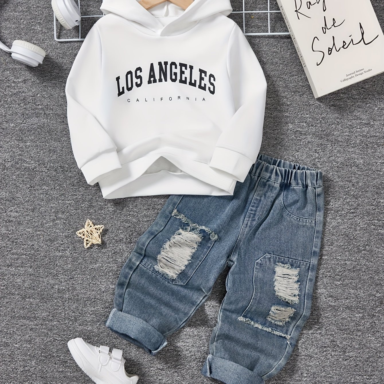 Boys' Hooded Fashion Sweatshirt With Print And Distressed Denim Long Pants, For Outdoor