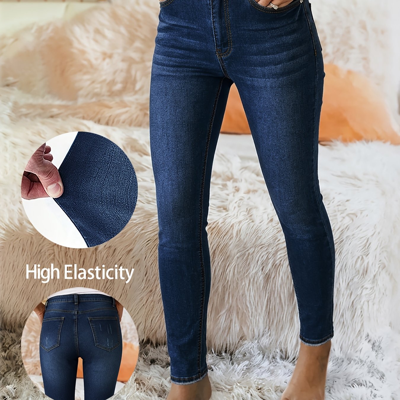 TEMU Women's Mid-rise Skinny Jeans, Dark Blue Washed Contrast Stitching Slim Pencil Pants, European And Style, Body-hugging And To , Versatile For