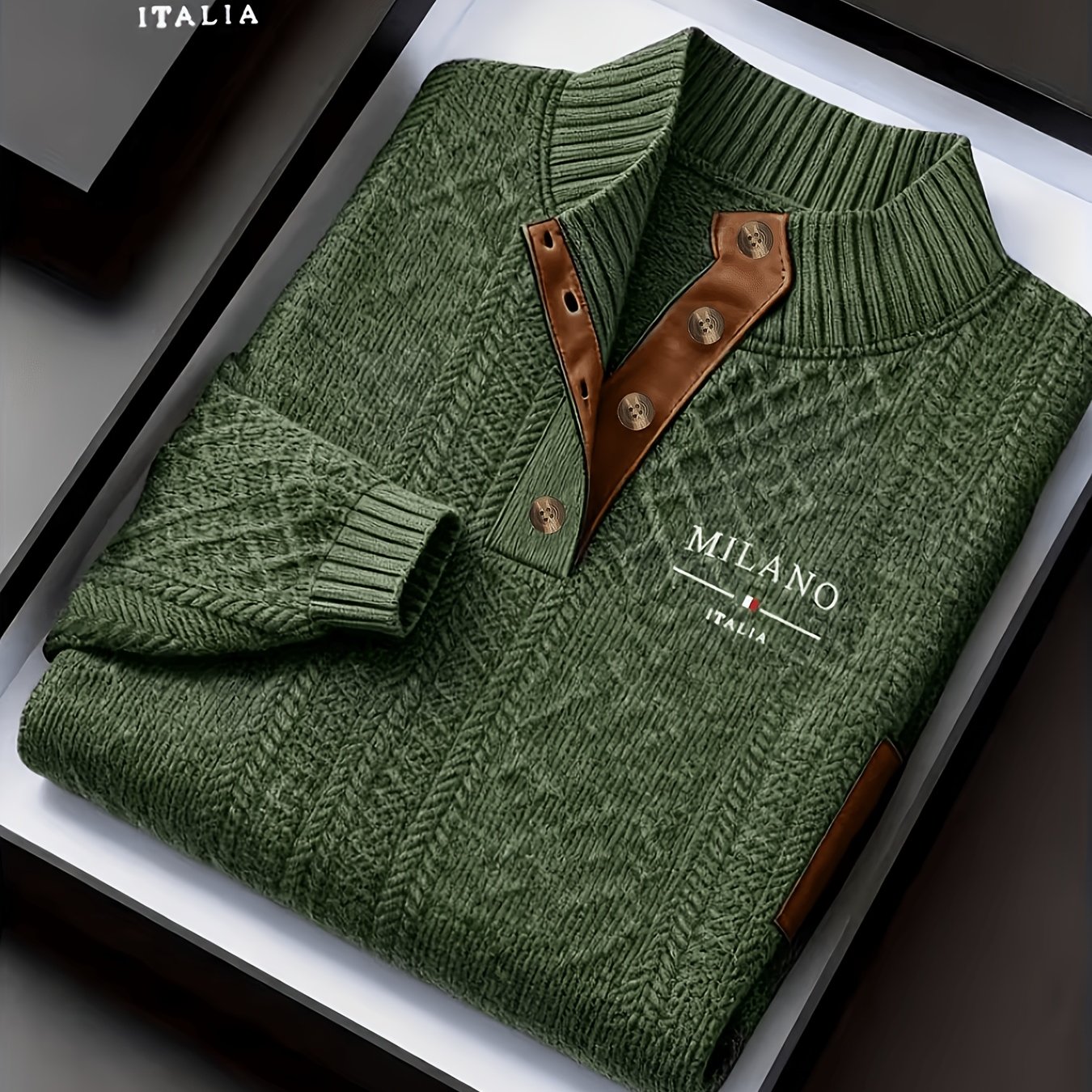 TEMU [ Obm] Men's Autumn Winter Stand Collar Jacquard Knit Sweater , Mature Fashion Small High Neck Pullover Knit Henley Shirt, Premium Texture