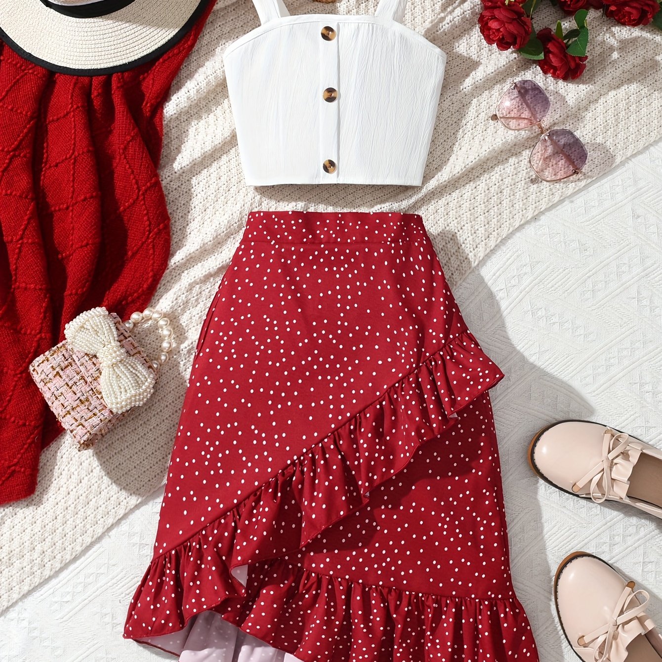 Image of Teen Girl's Casual Boho Polka Dot Printed Floral Wrap Skirt With Ruffle Hem And Vest Top Set