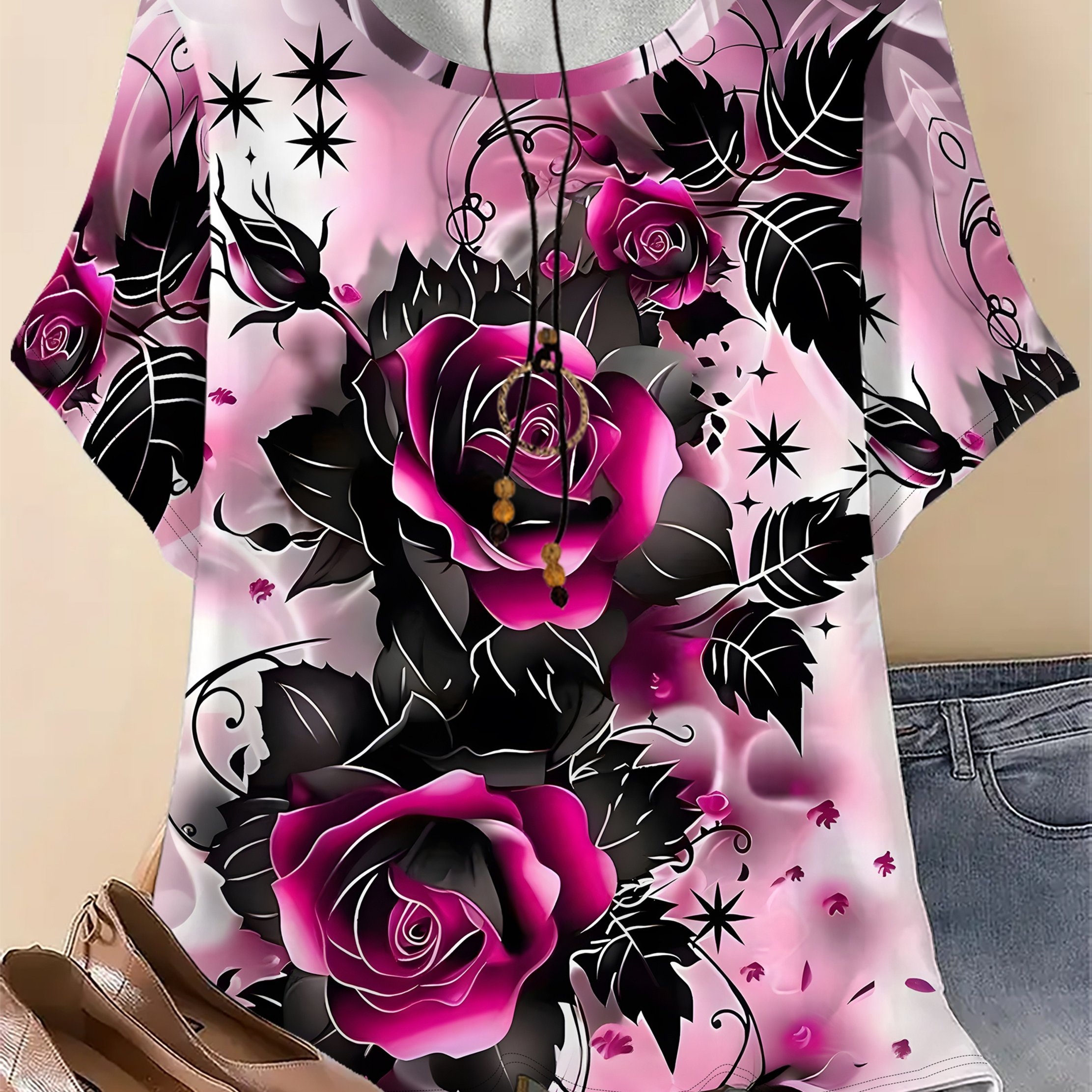 TEMU Plus Size, Women's Plus Size Oversized T-shirt - Full-body Floral Print Short Sleeve Round Neck Blouse, Summer Casual Loose Fit Breathable Top