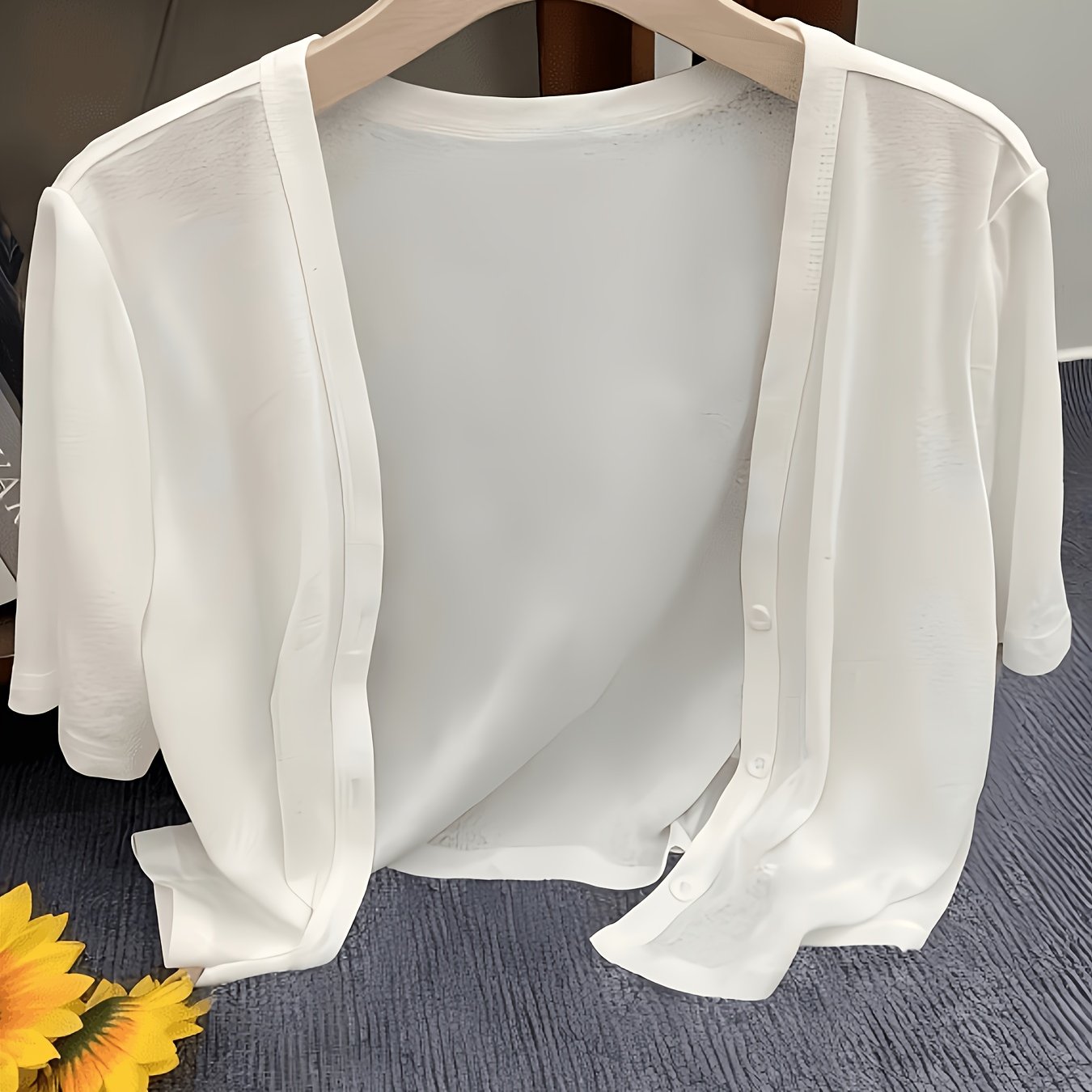 TEMU Women' Color Short-sleeve Cardigan, Suitable For Wearing , Summer, Autumn, And Winter, A Must-have To Pair With Dresses, Vests, And Camisoles