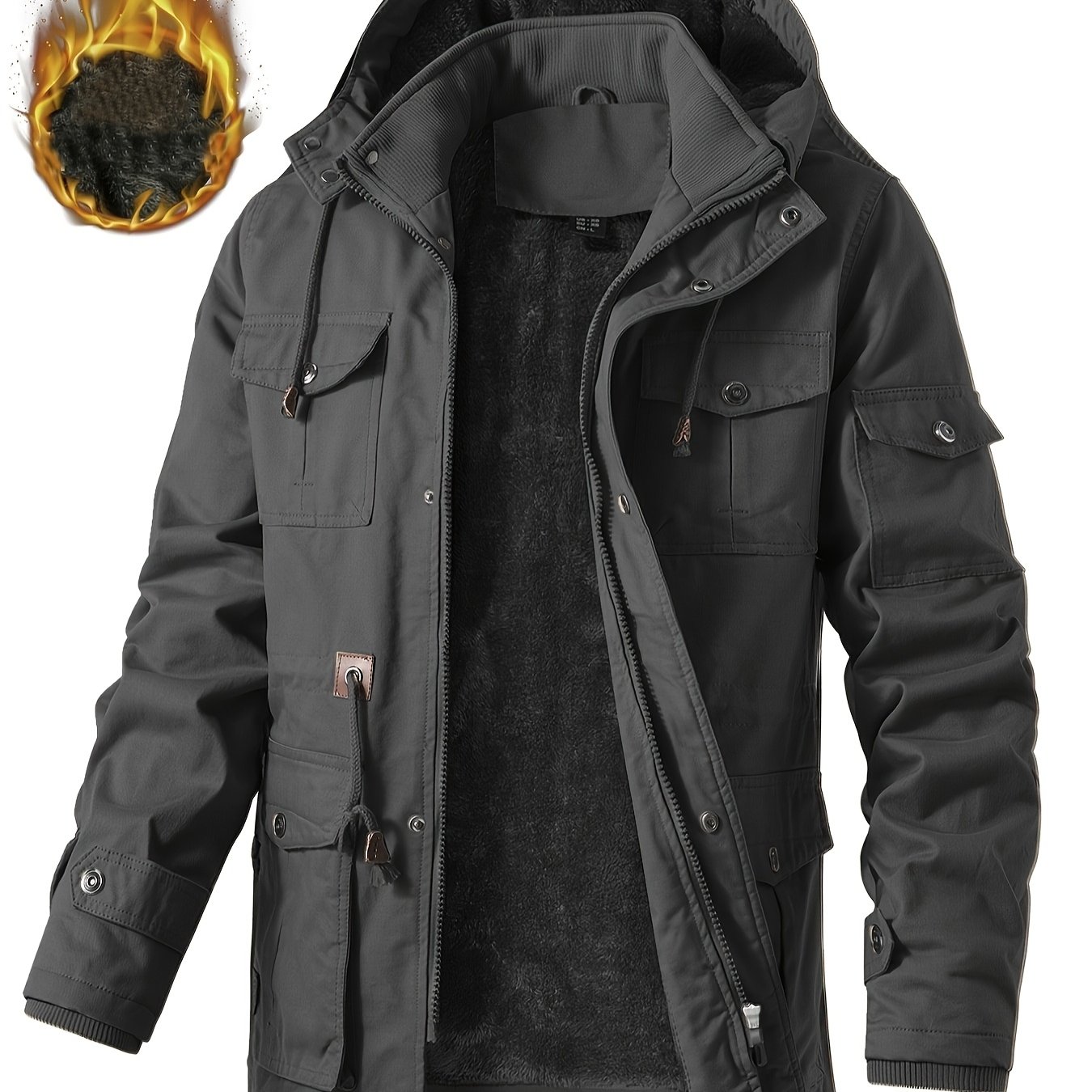 Men'S Heavy Winter Jacket Thickened Casual Utility Removable Hood Aviator Jacket Stand-Up Collar Zipper Multi-Pocket Warm Coat Thick Jacket Parka Overcoat