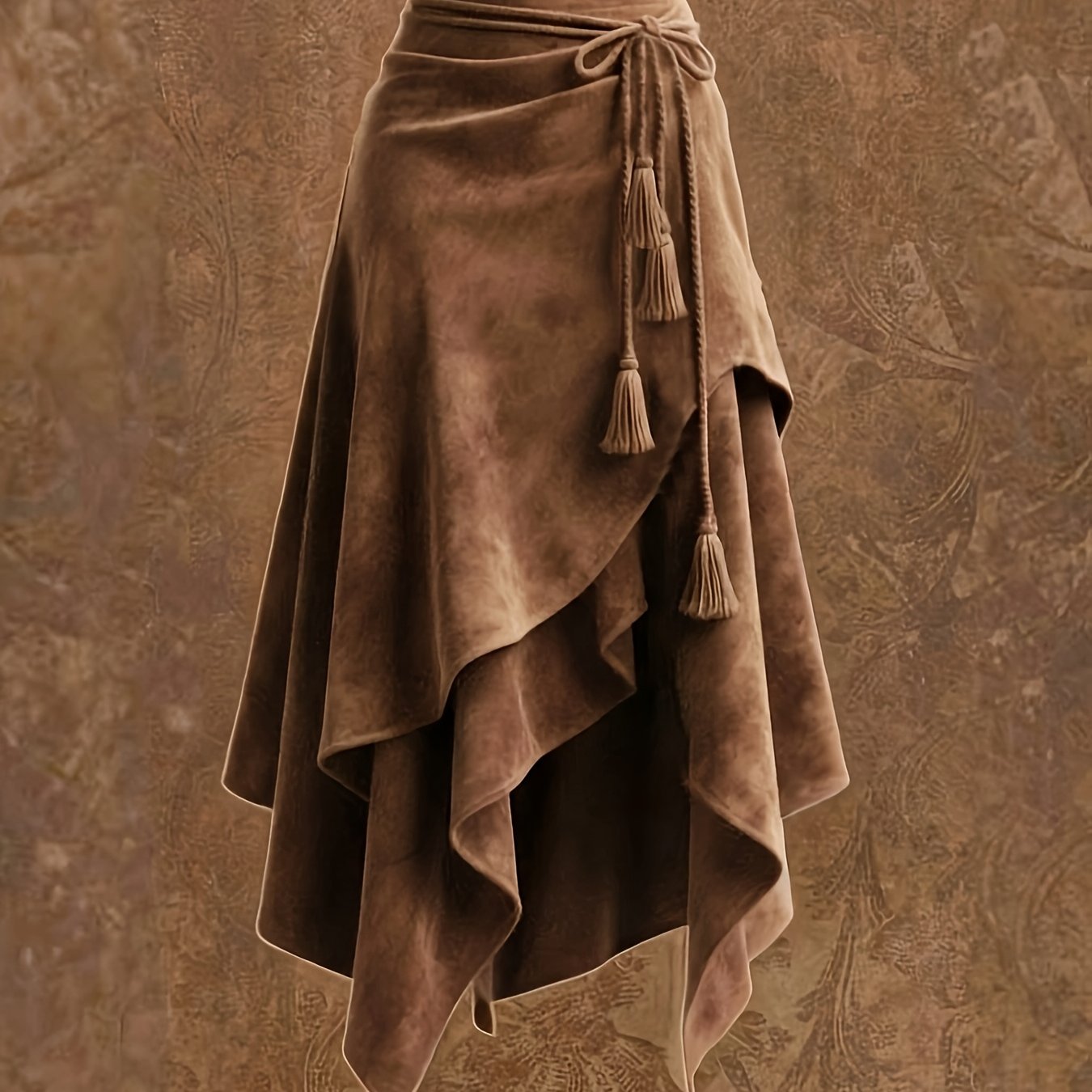 TEMU Vintage Western Style Irregular Midi Skirt With Tie-waist And Tassel Decoration--zllz
