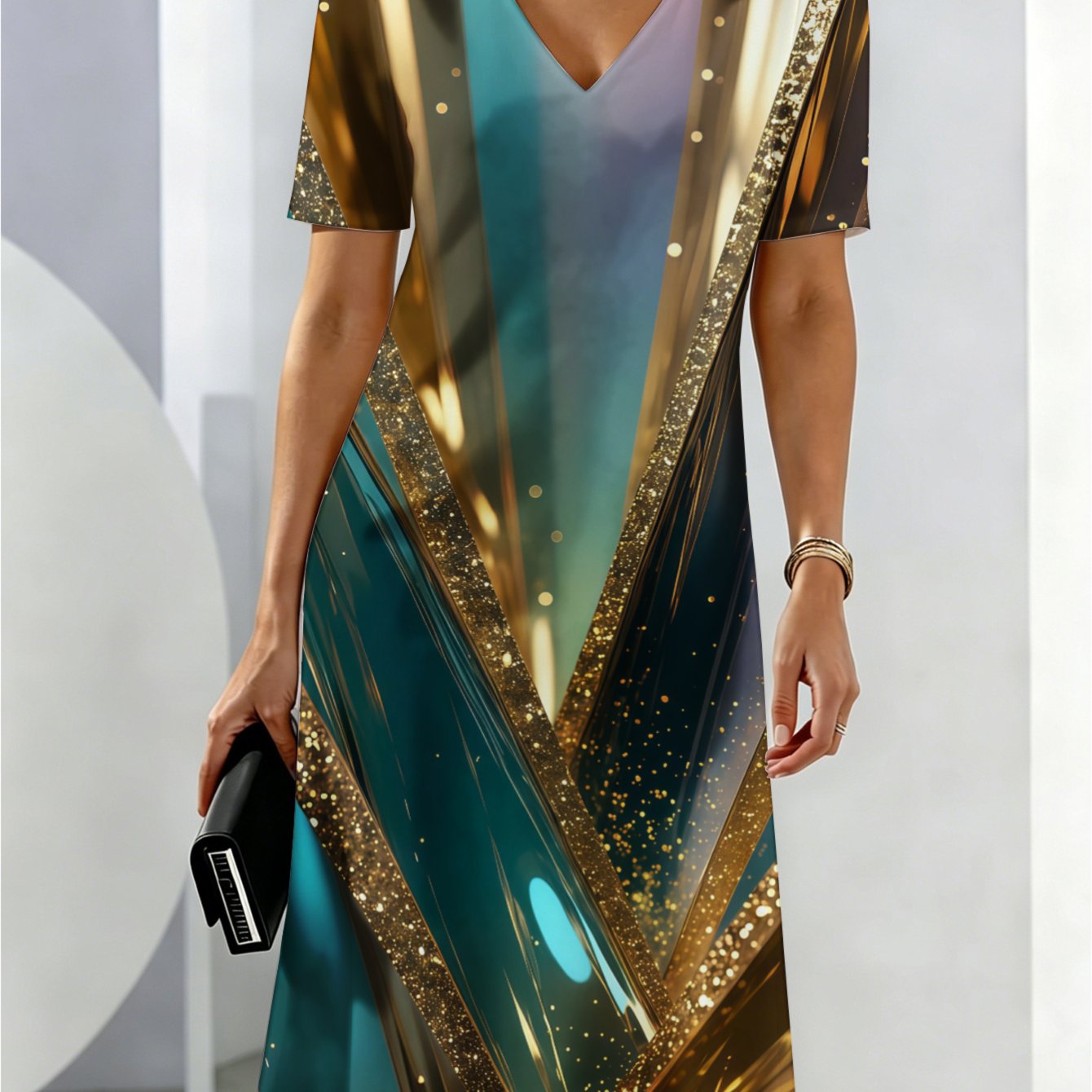 Women's Summer Dresses Golden Teal Blue Abstract Sparkle Breathable And Comfortable Summer Wear For Her Friendly Perfect For Dates