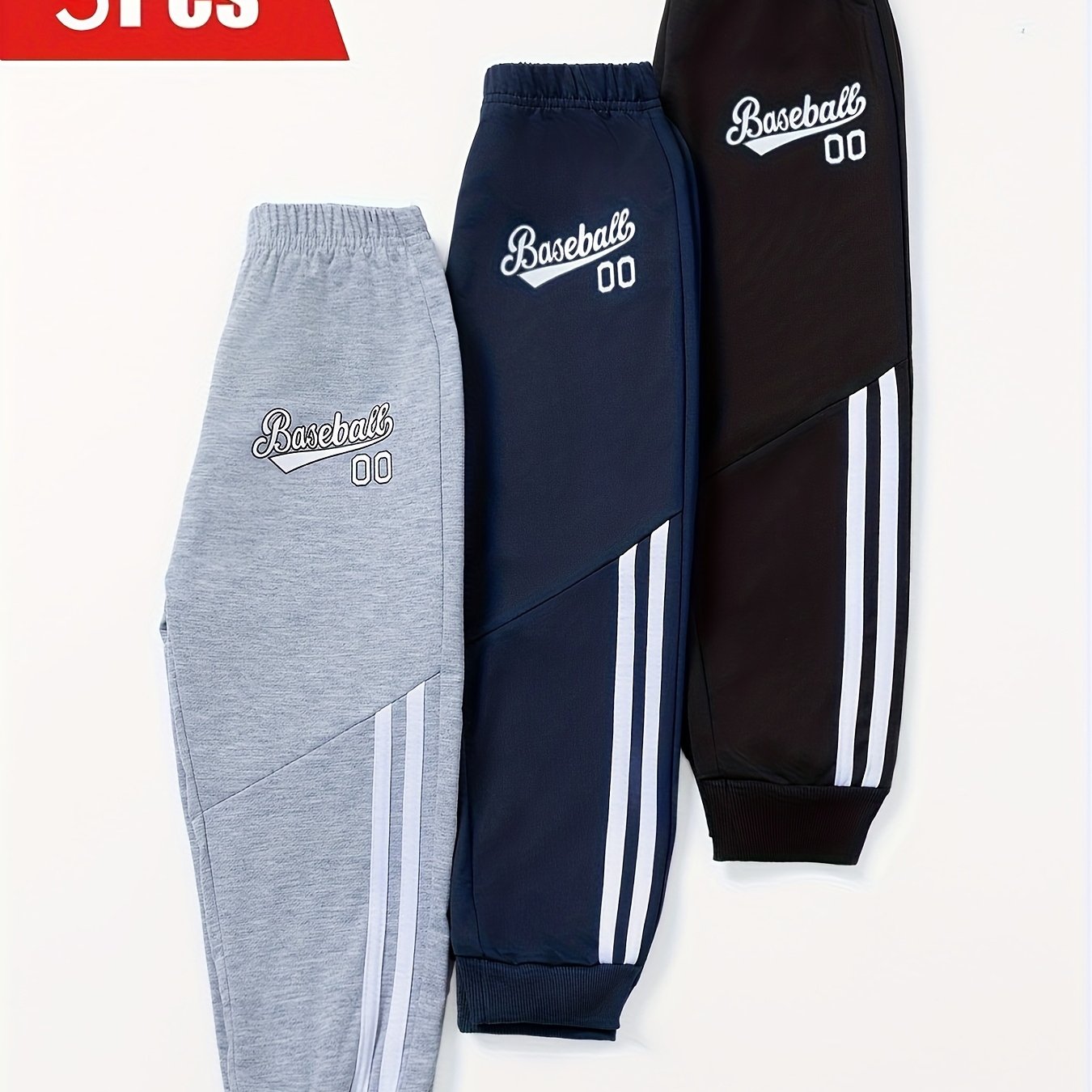 Boys' 3pcs Fashion Casual Athletic Long Pants, Basebaee And Drawstring Style, Knit Fabric, Suitable For Outdoor Spring/autumn , Back To School Essentials