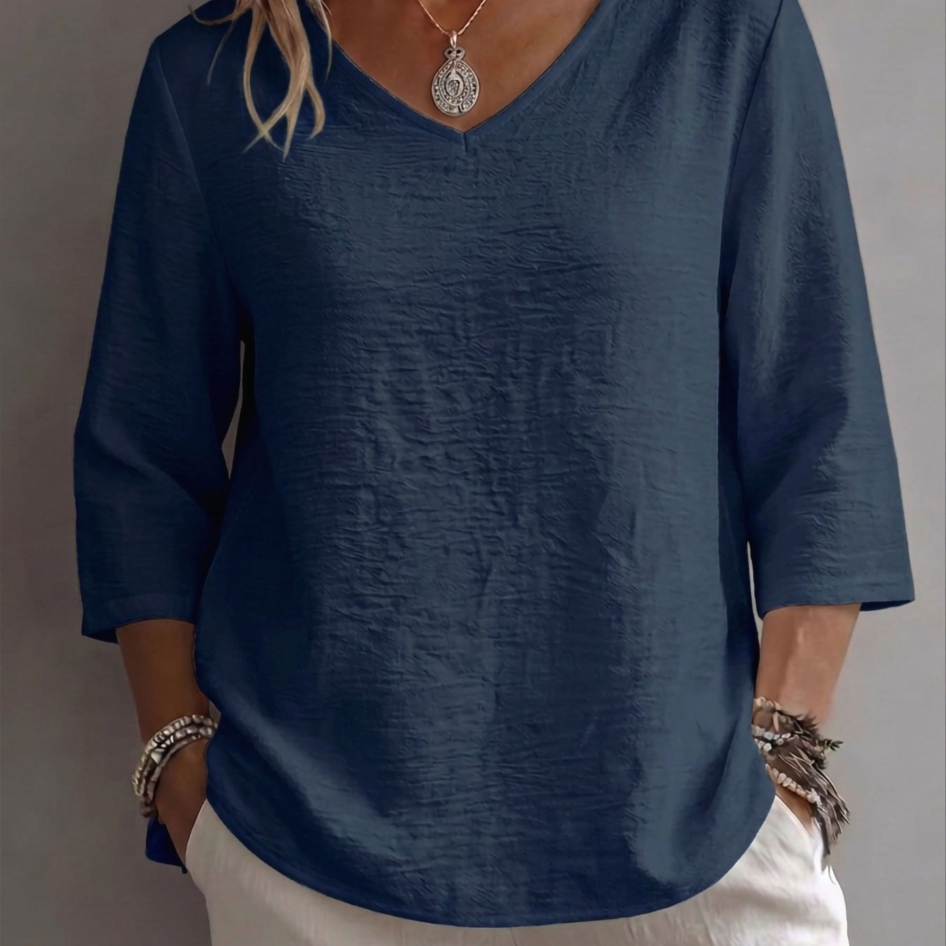 TEMU [qf Solid Color] Spring Summer Autumn Women's Casual Loose Breathable Comfortable Top, Three-quarter Sleeve V-neck Shirt