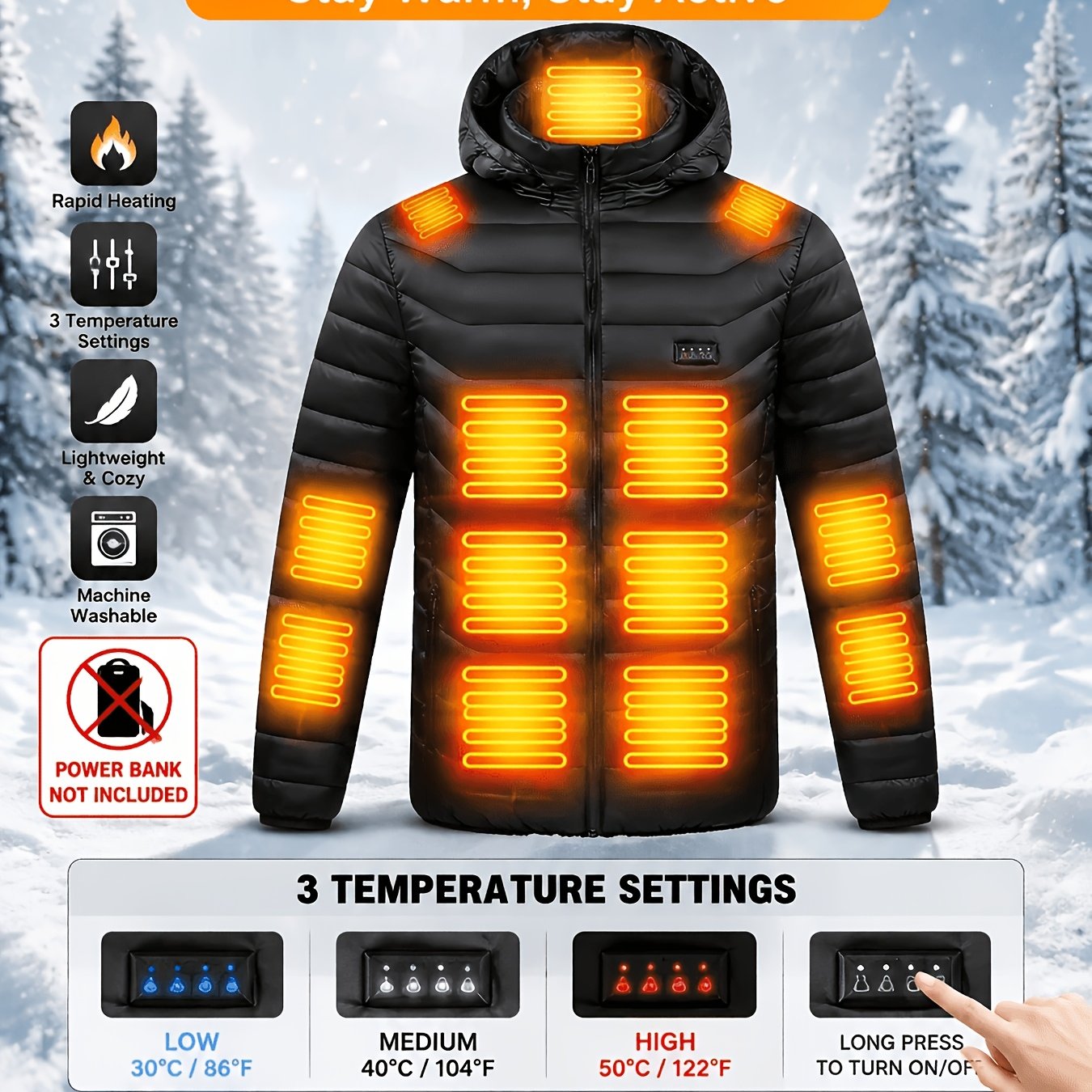 Image of New 37 Heated Electric Jacket: Unisex, Detachable Hood Design, Winter, Warm Jacket, Suitable For Outdoor Activities In Autumn And Winter, Halloween, Christmas, And New Year (battery Pc Not Included)