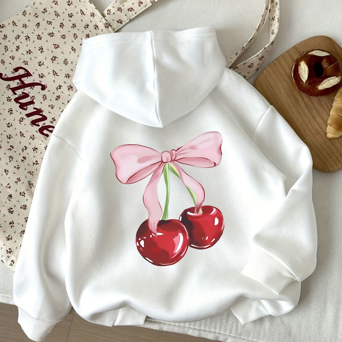 TEMU D92 - Loose Fit Hooded Sweatshirt, Fashionable And Versatile Bow And Cherry Pattern Print Hooded Sweatshirt, Spring And Autumn, Women's Clothing
