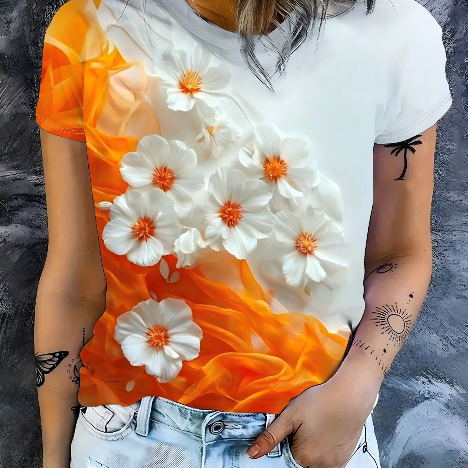 TEMU [print Design - No Texture] New Style T-shirt With White Flower And Orange Gradient Print, Casual Crew Neck Short-sleeve Top For Women