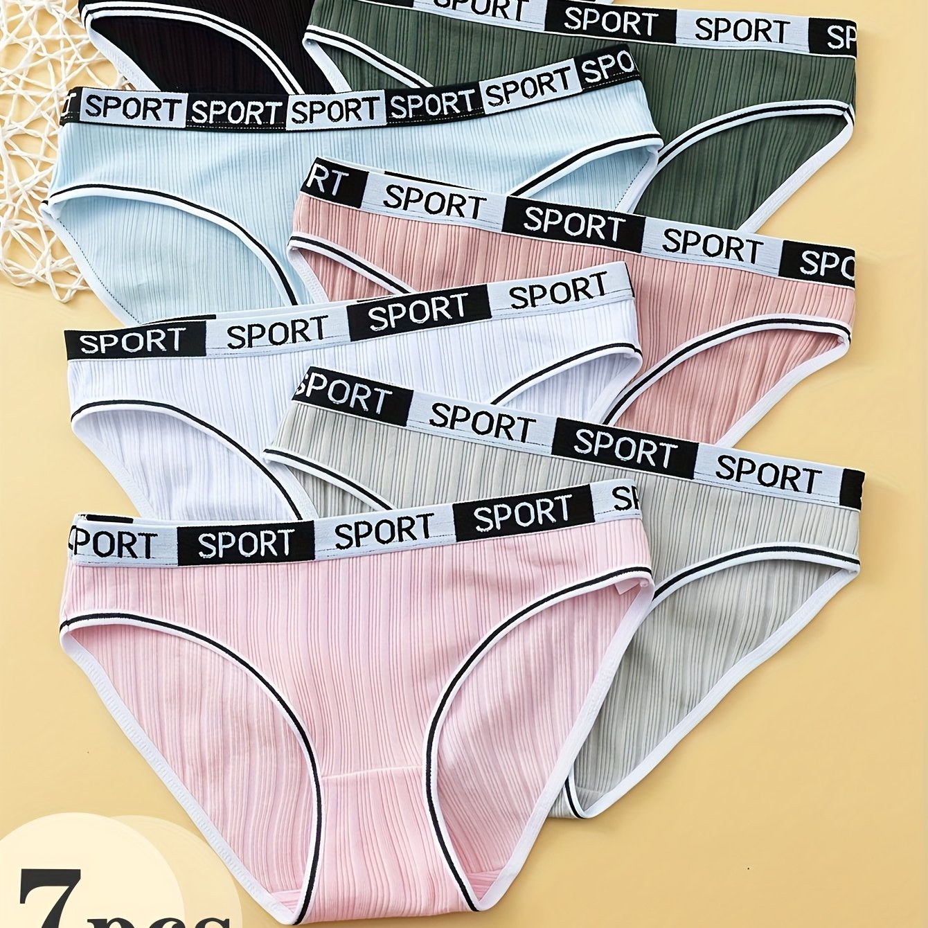 Random 7pcs Set Of Mixed Color Plus Size Women' Pants, Seamless Ribbed Underwear, Sports Belt, Casual And Comfortable Women's Underwear