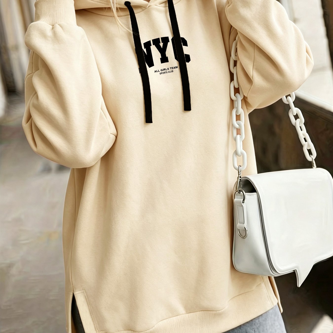 TEMU Women' S Fashion Hooded Sweatshirt For Autumn And Winter- Pattern Print Design, Side Slit Design, Hooded Sweatshirt