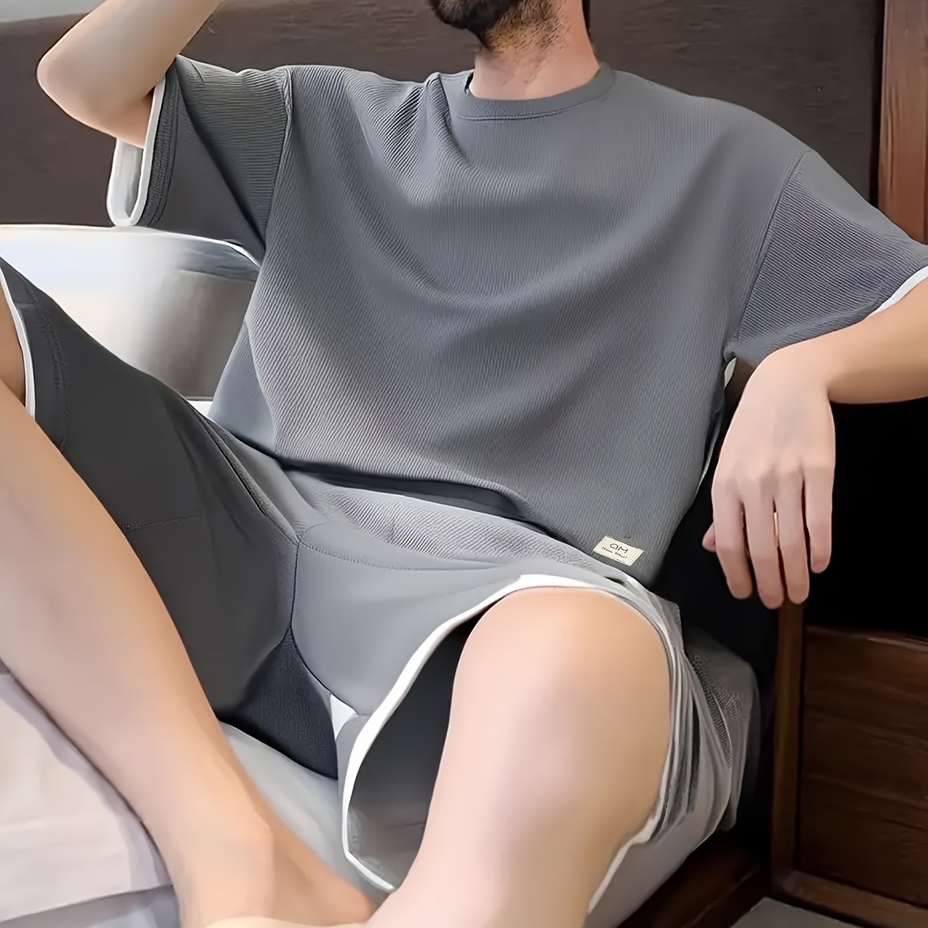 Image of Waffle Men's Short-sleeved Shirt And Shorts Set, Spring/summer/fall Casual Wear For Men