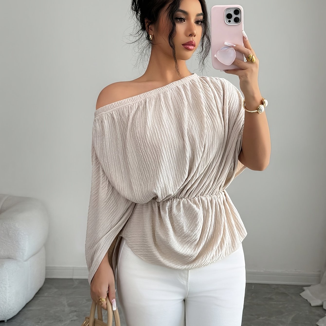TEMU Off-the-shoulder Women's Top With Batwing Sleeves, Waist-cinching Design, Niche Slouchy Style, Off-shoulder Blouse