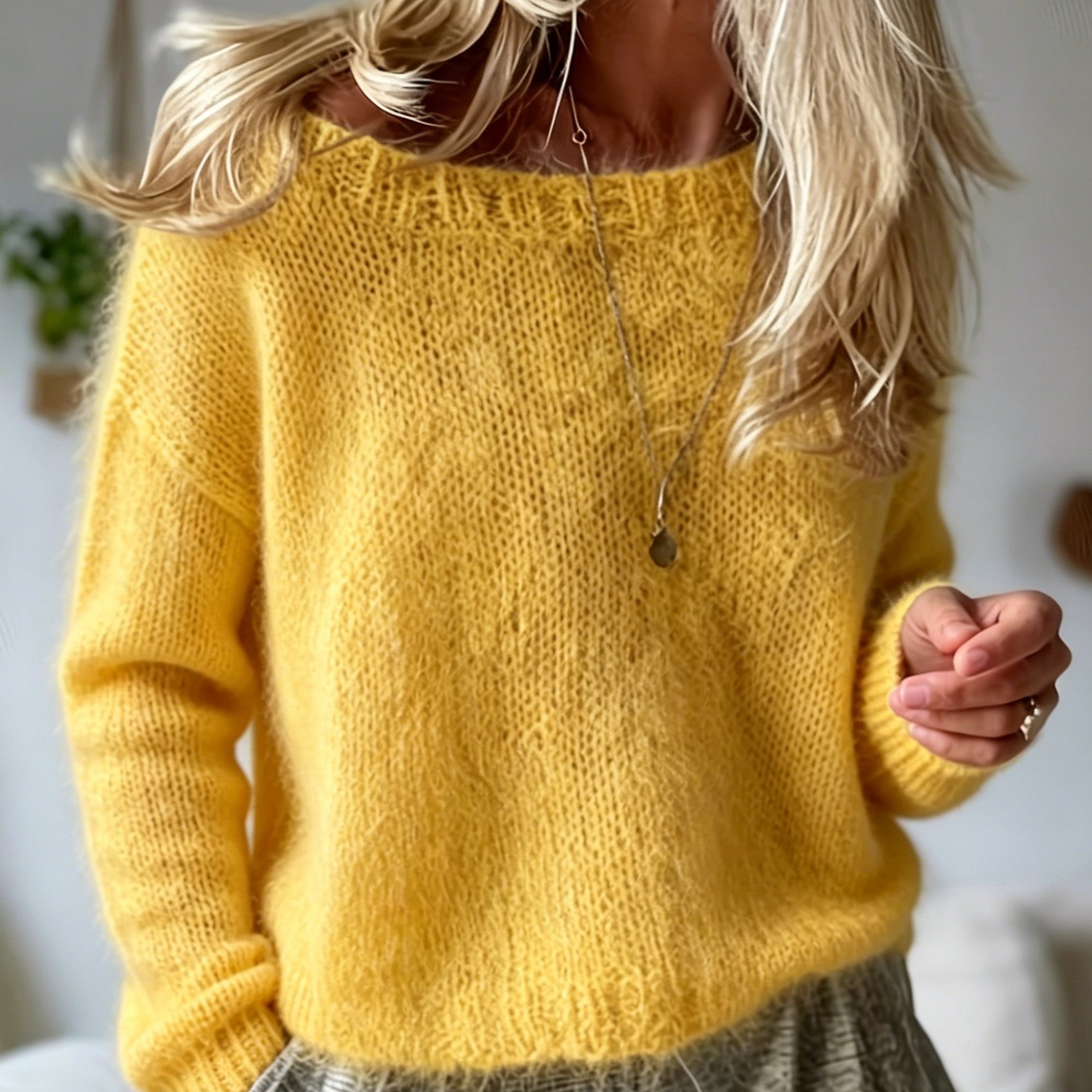 TEMU Autumn Winter New Neutral Outfit Fashion Women's Series Sweater, Gentle Style Soft Fluffy Round Neck Sweater, Women's Loose Drop Shoulder Long