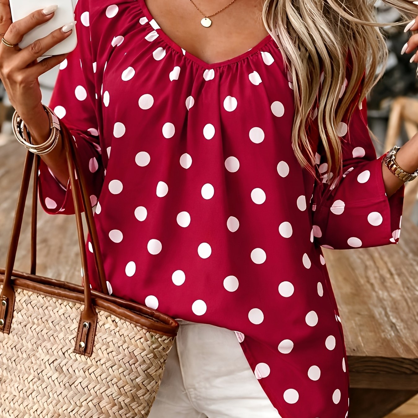 TEMU Plus Size, Plus-size Women's Fashion Polka Dot Print Deep V-neck Twill 3/4 Sleeve Shirt