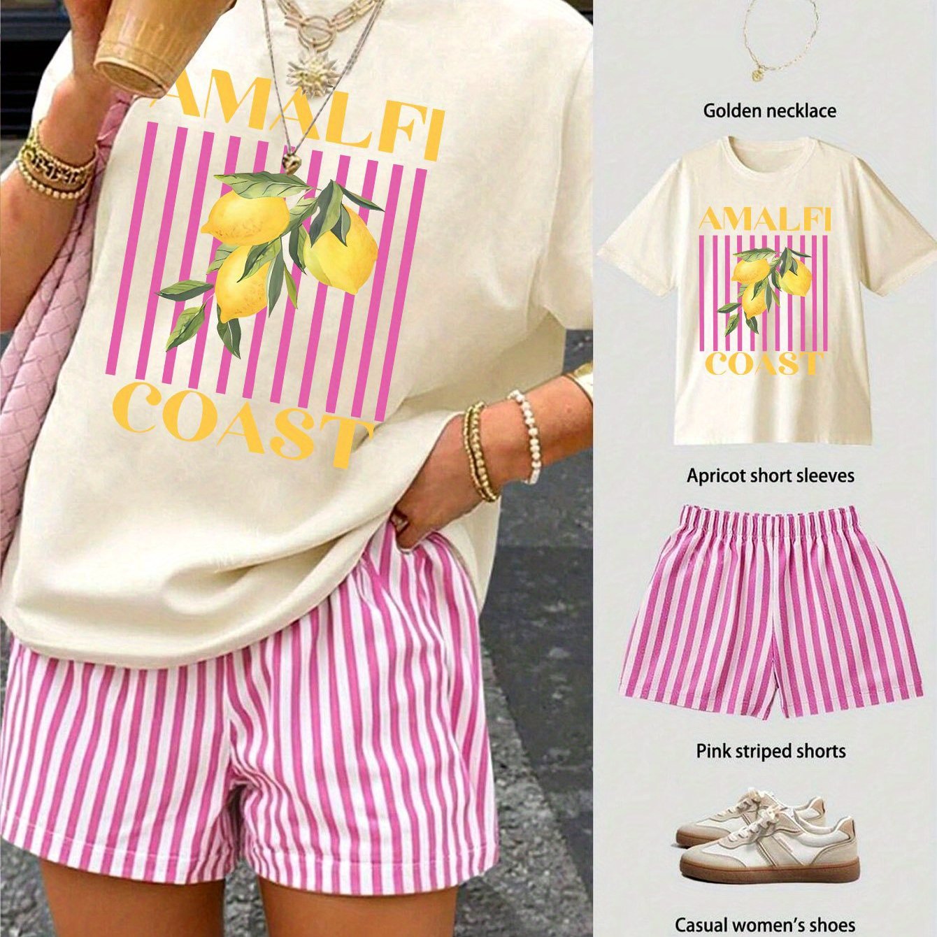 TEMU Amalfi Letter And Lemon Print, Casual Party Outfit, Suitable For Everyday Casual Wear, Women's Short Sleeve Top And Striped Shorts Two-piece Set