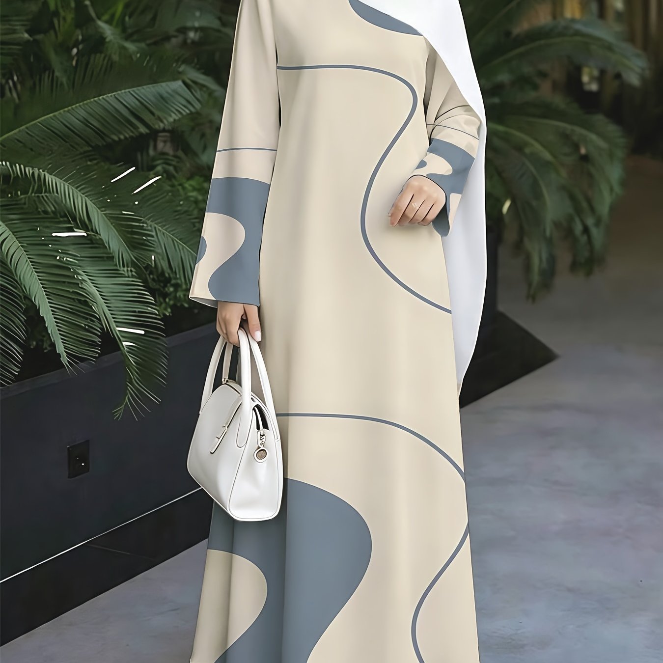 TEMU 1pc 2d Flat Abstract Geometric Color Blocks + "minimalist & Elegant" Slogan Long Dress Women's New Robe - Women's Loose-fitting Long-sleeved