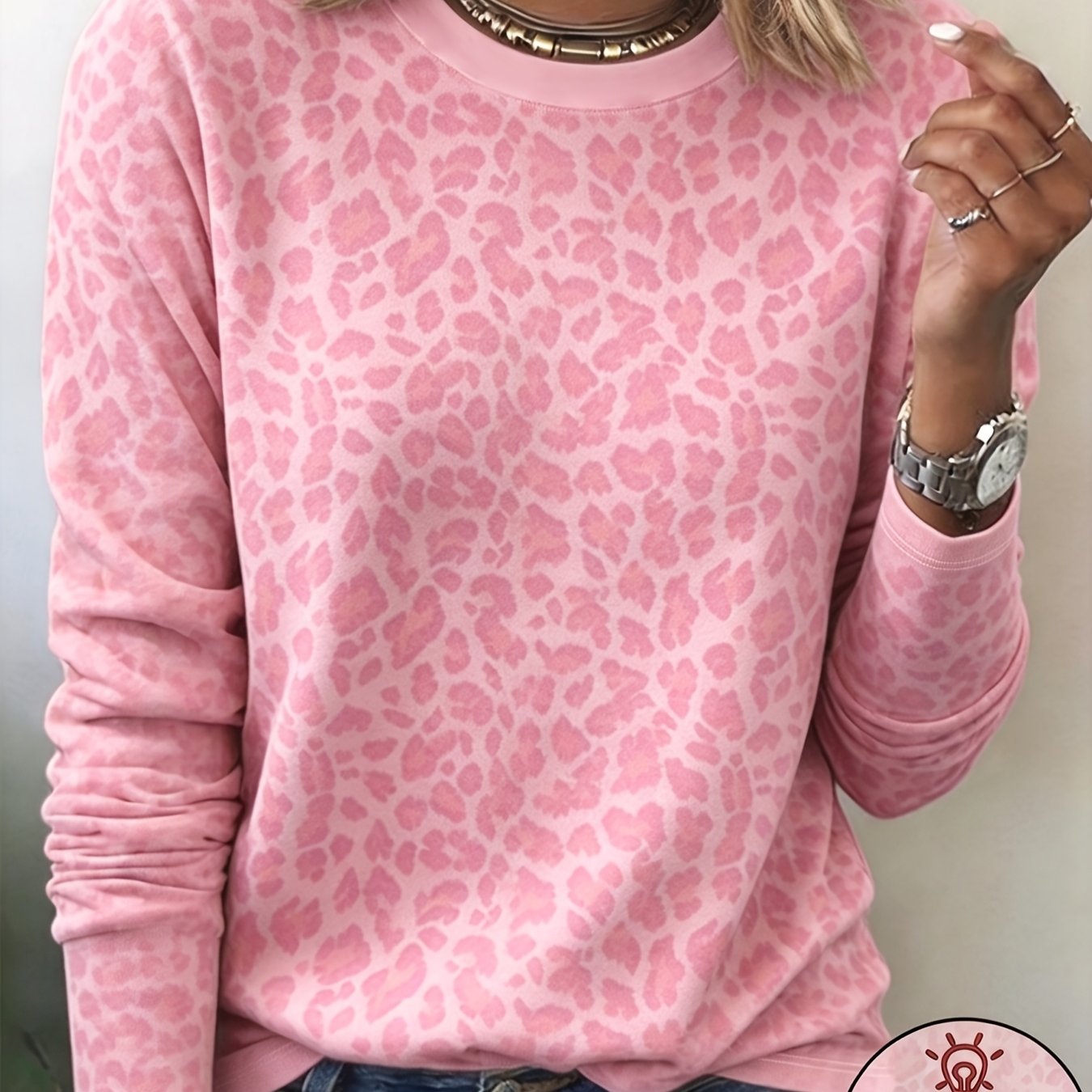 TEMU Women's Leopard Print Crew Neck Long Sleeve T-shirt, Non-sequin. Casual Top & Base Layer For Layering Or Wearing Alone, Suitable For Autumn,