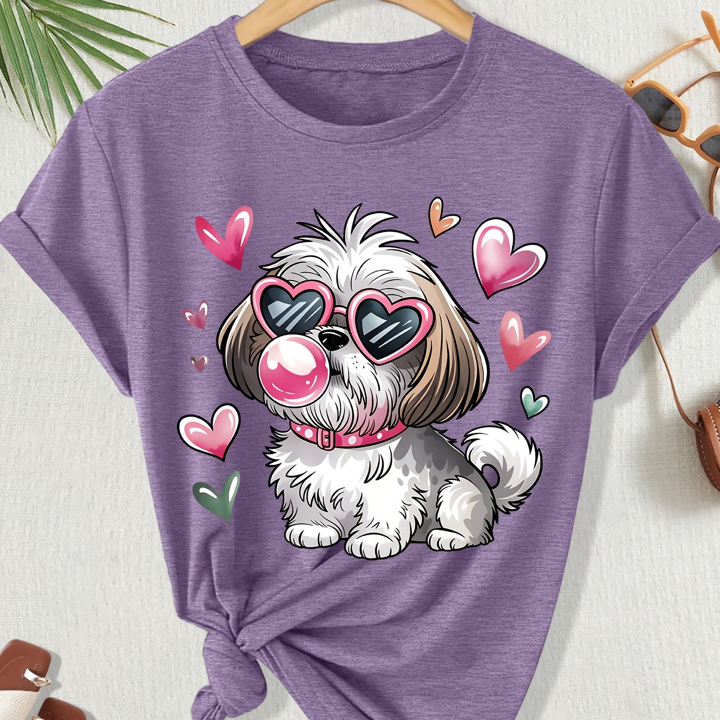 TEMU Women' Plus-size Shih Tzu Dog Print T-shirt - Fashion Glasses & Bubble Gum Blowing, Soft Breathable Round Neck Short-sleeve Top Suitable For