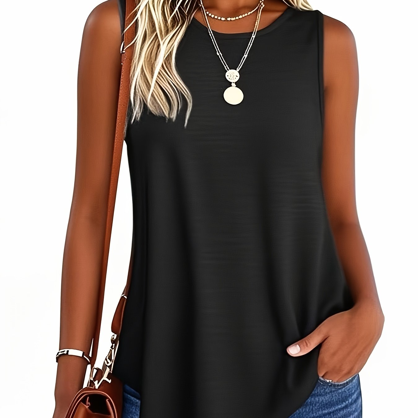 Image of Spring/summer European And Women's Round Neck Slim Sleeveless Vest, Solid Versatile - Machine Washable Sleeveless T-shirt