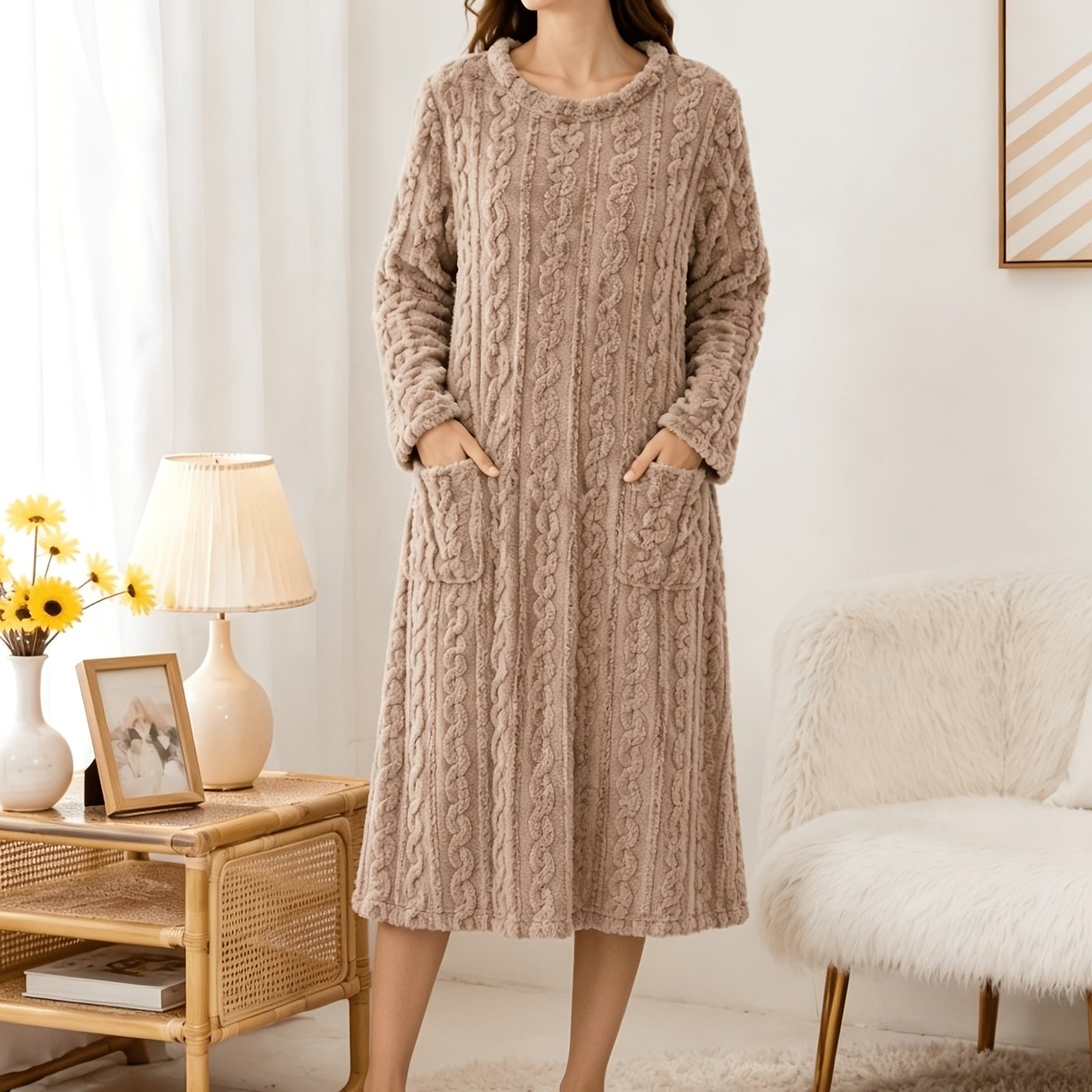 TEMU Coral Velvet Women's Nightgown Autumn And Winter Long Sleeve Double Pocket Flannel Nightdress Women Loose Solid Sleepwear